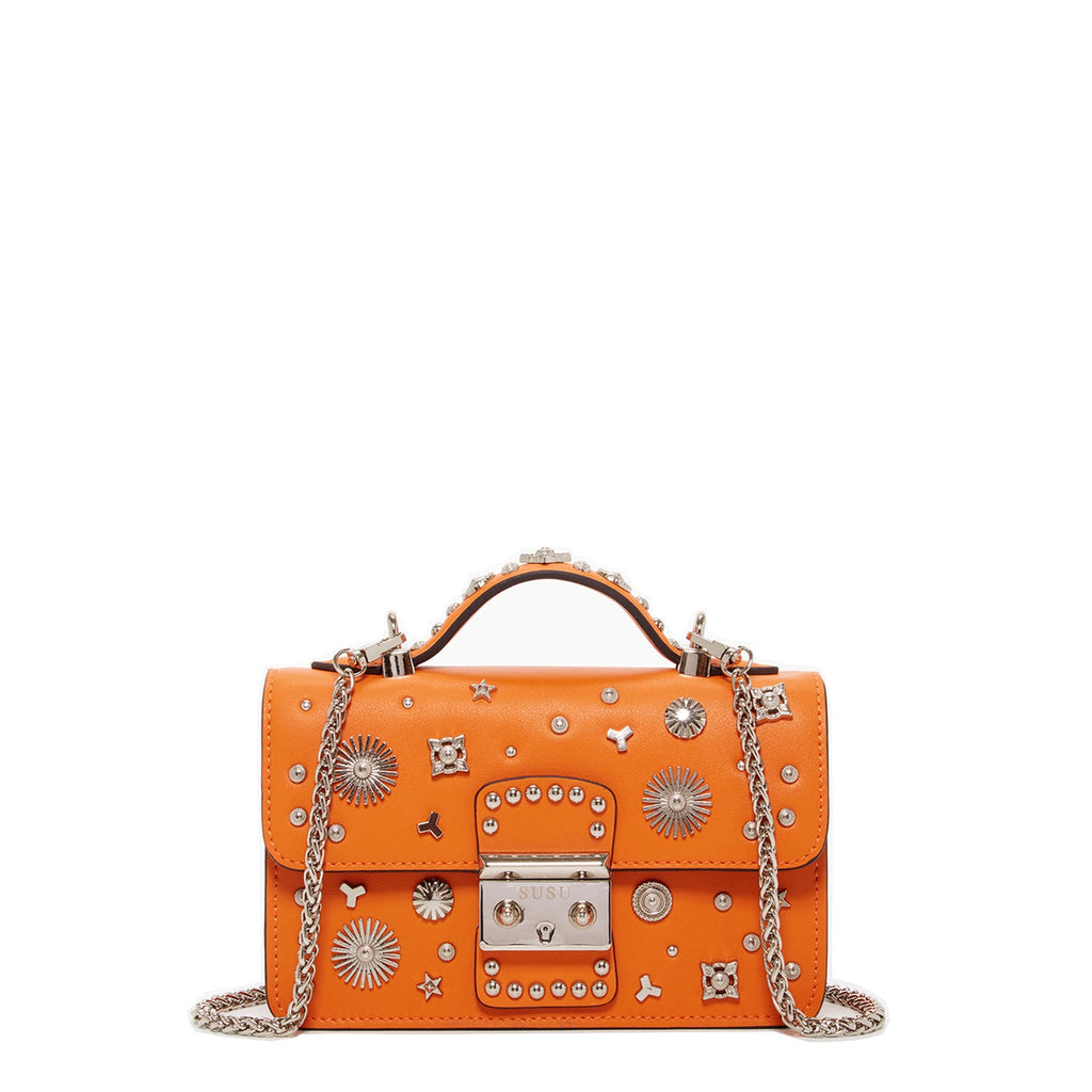 Studded Orange Leather Crossbody Bag