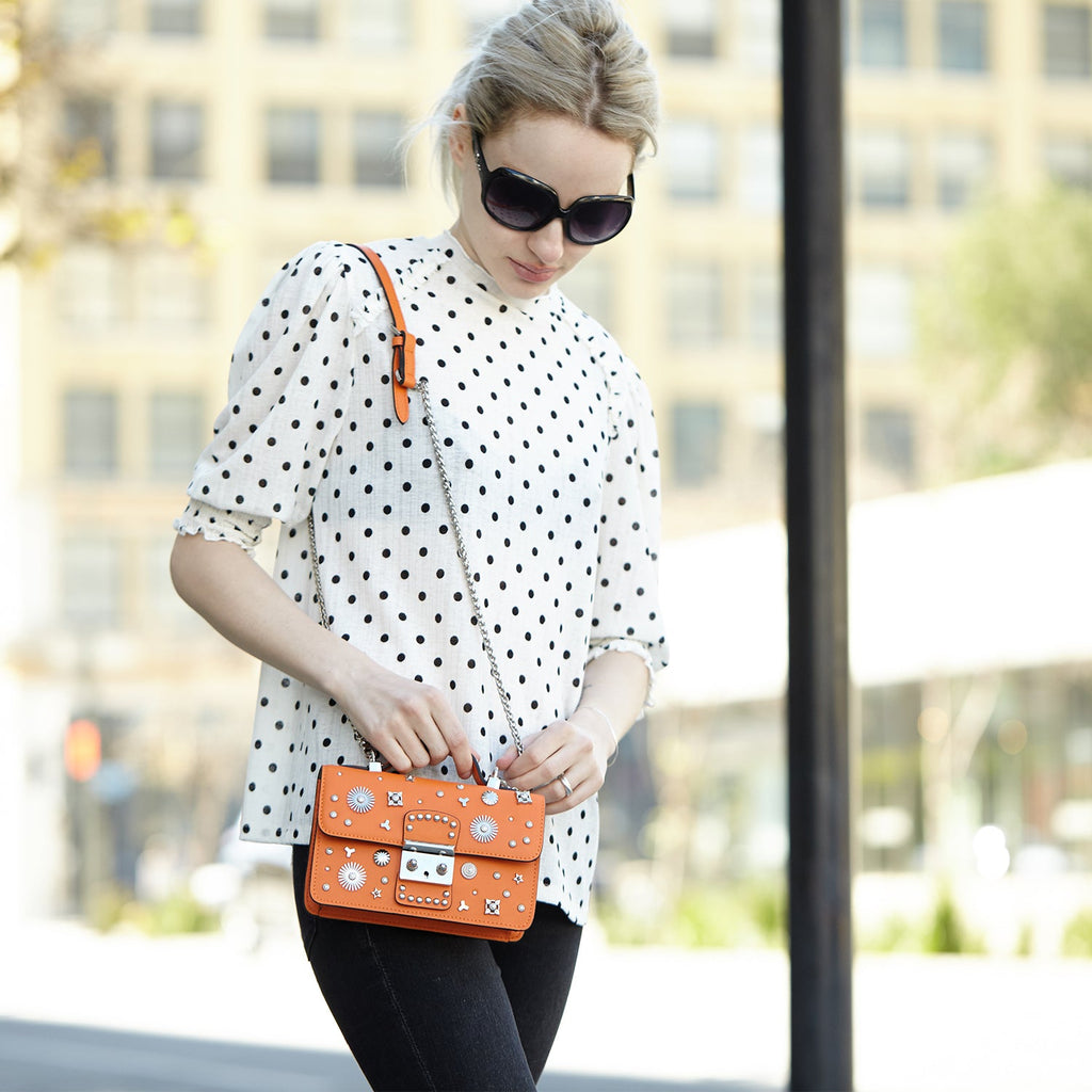 Studded Orange Leather Crossbody Bag