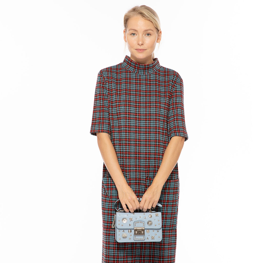 Small Sky Blue Leather Crossbody Bag with Studded Silver Hardware