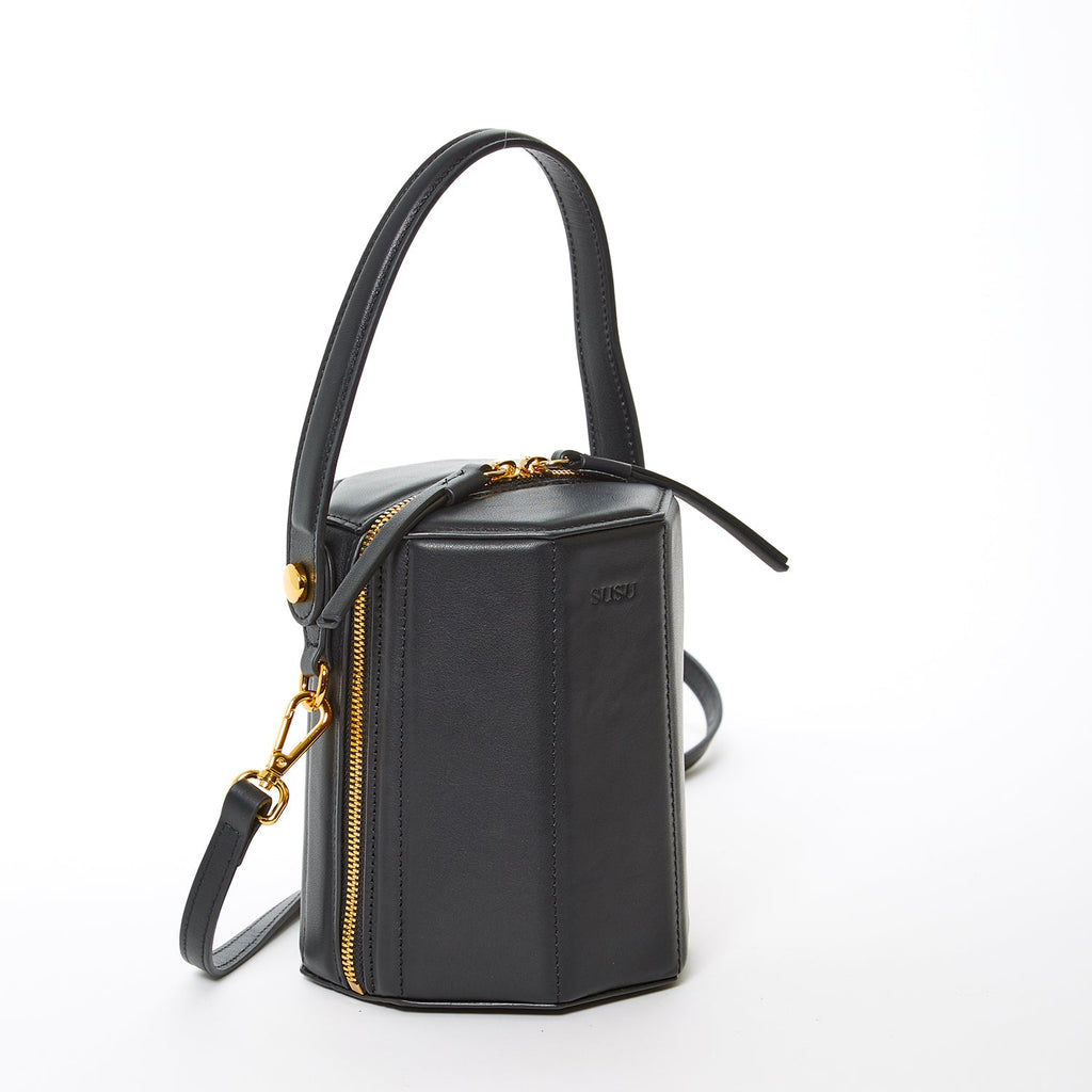 Black Leather Bucket Bag Crossbody Purse Small