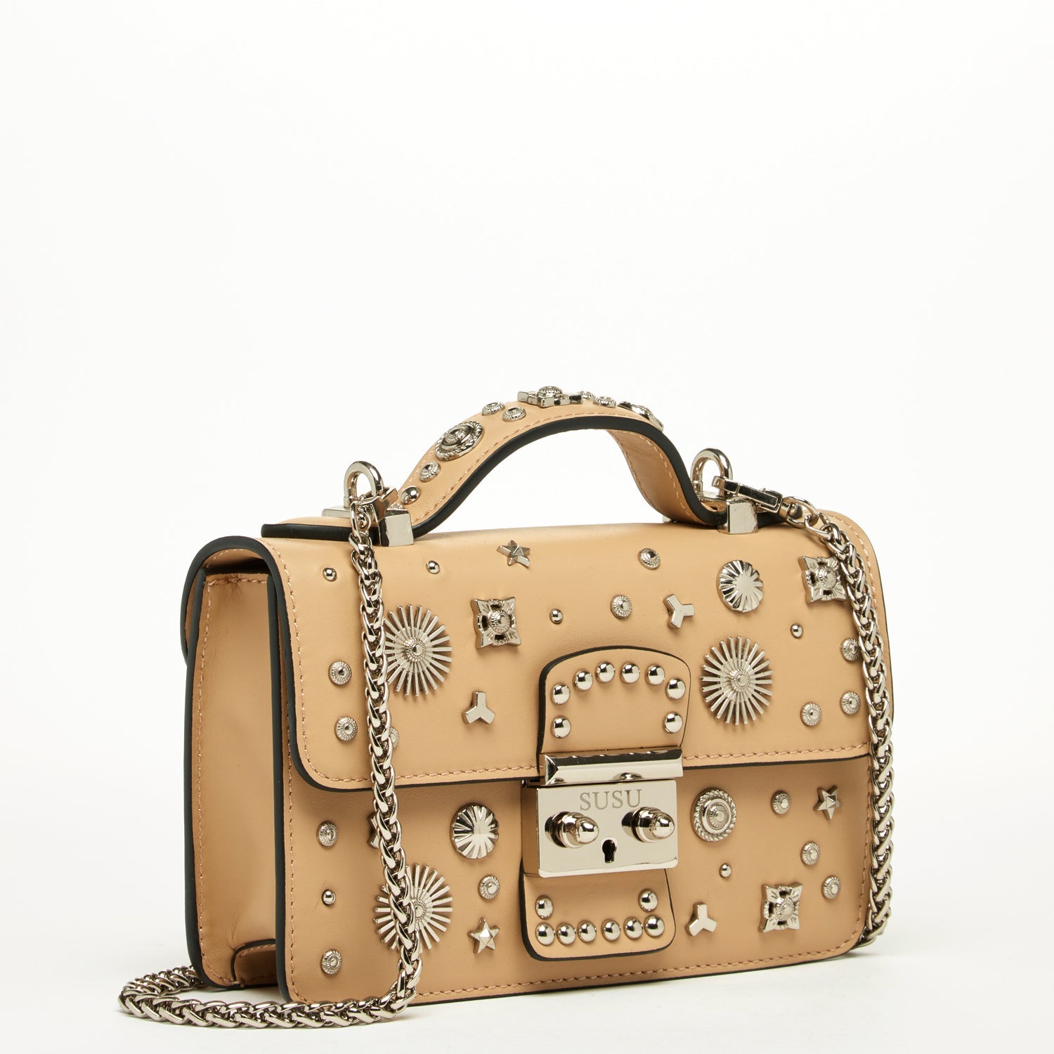 Small Leather Crossbody Bag with Studs in Tan