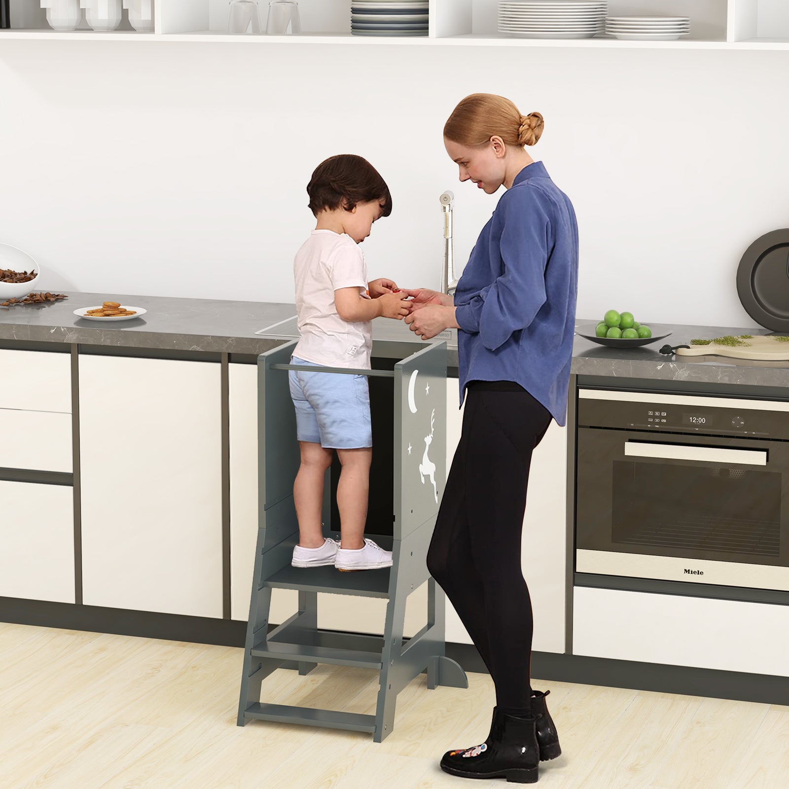Kitchen Step Stool with Chalkboard and Whiteboard for Toddlers Grey