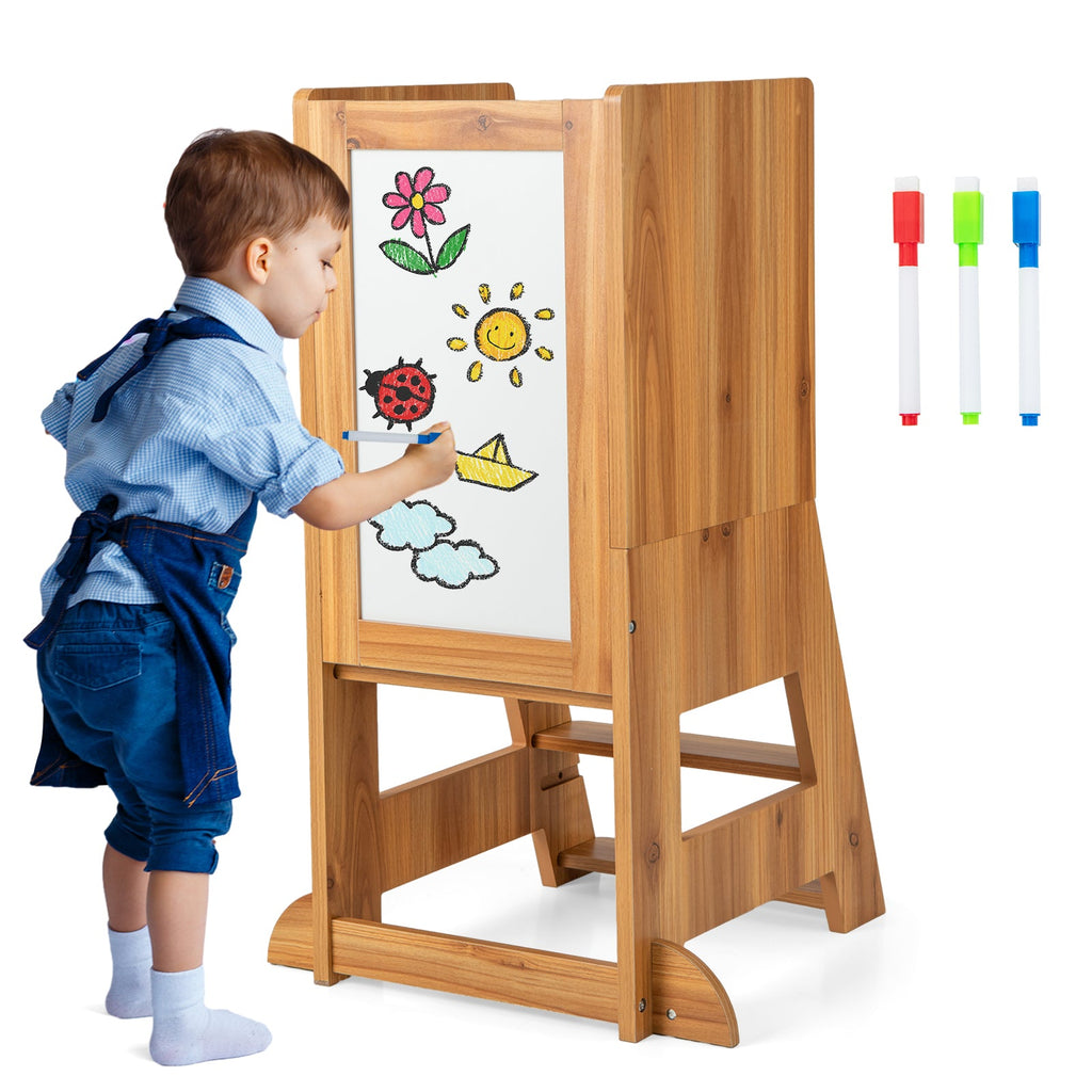 Kitchen Step Stool with Chalkboard and Whiteboard for Toddlers Grey