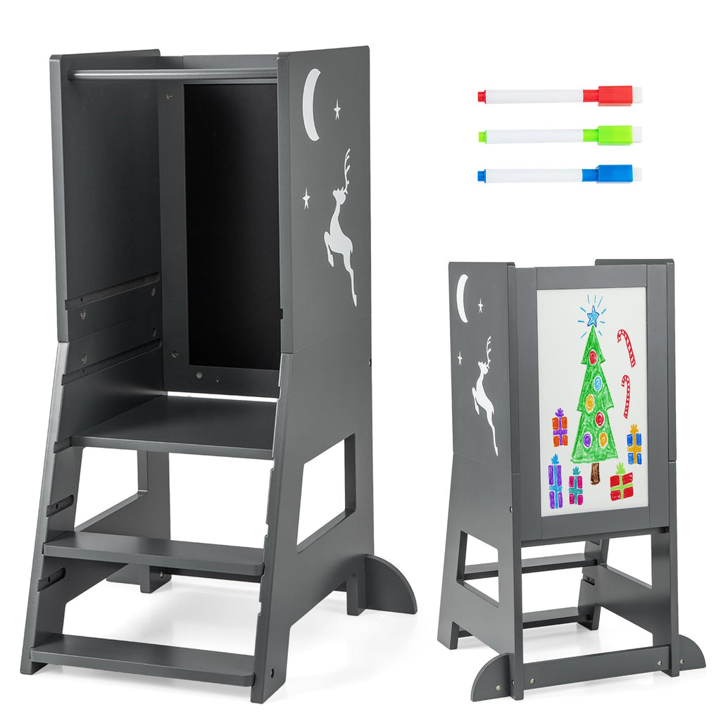 Kitchen Step Stool with Chalkboard and Whiteboard for Toddlers Grey
