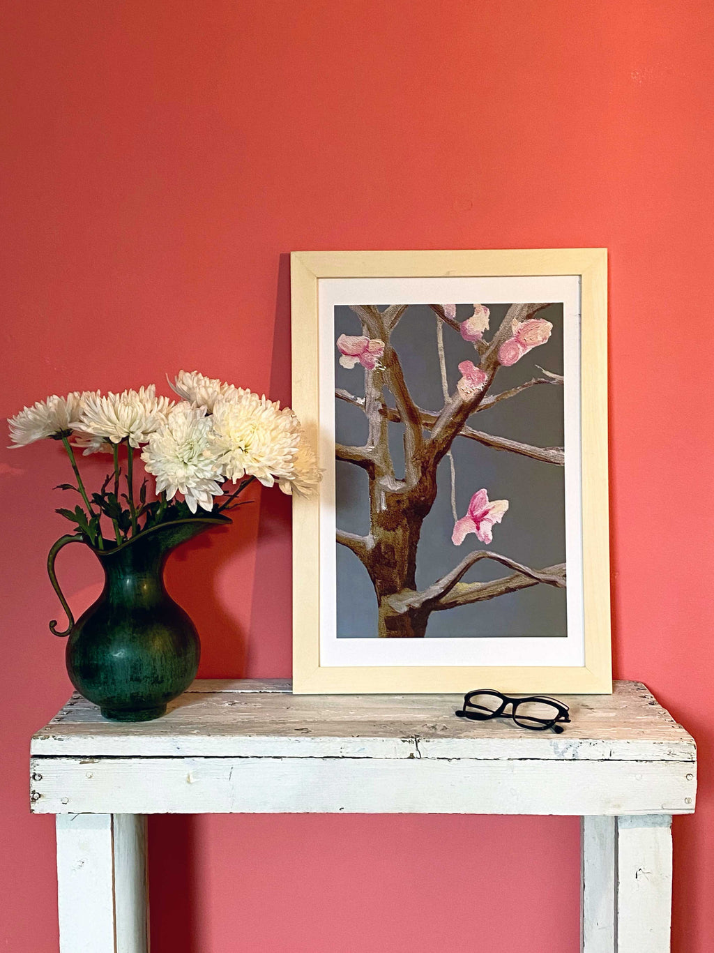 Eastern Redbud Art Print with Pink Flowers on Grey