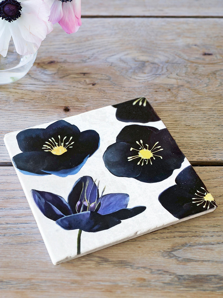 Black Hellebore on Snow Marble Trivet