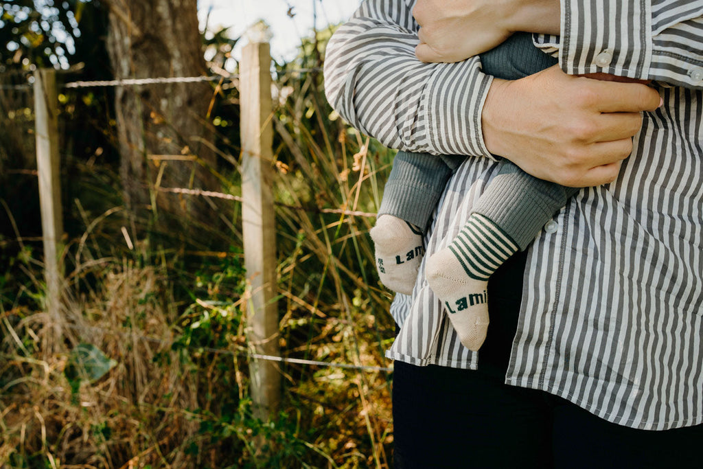 Merino Wool Crew Socks for Babies in Oatmeal and Green