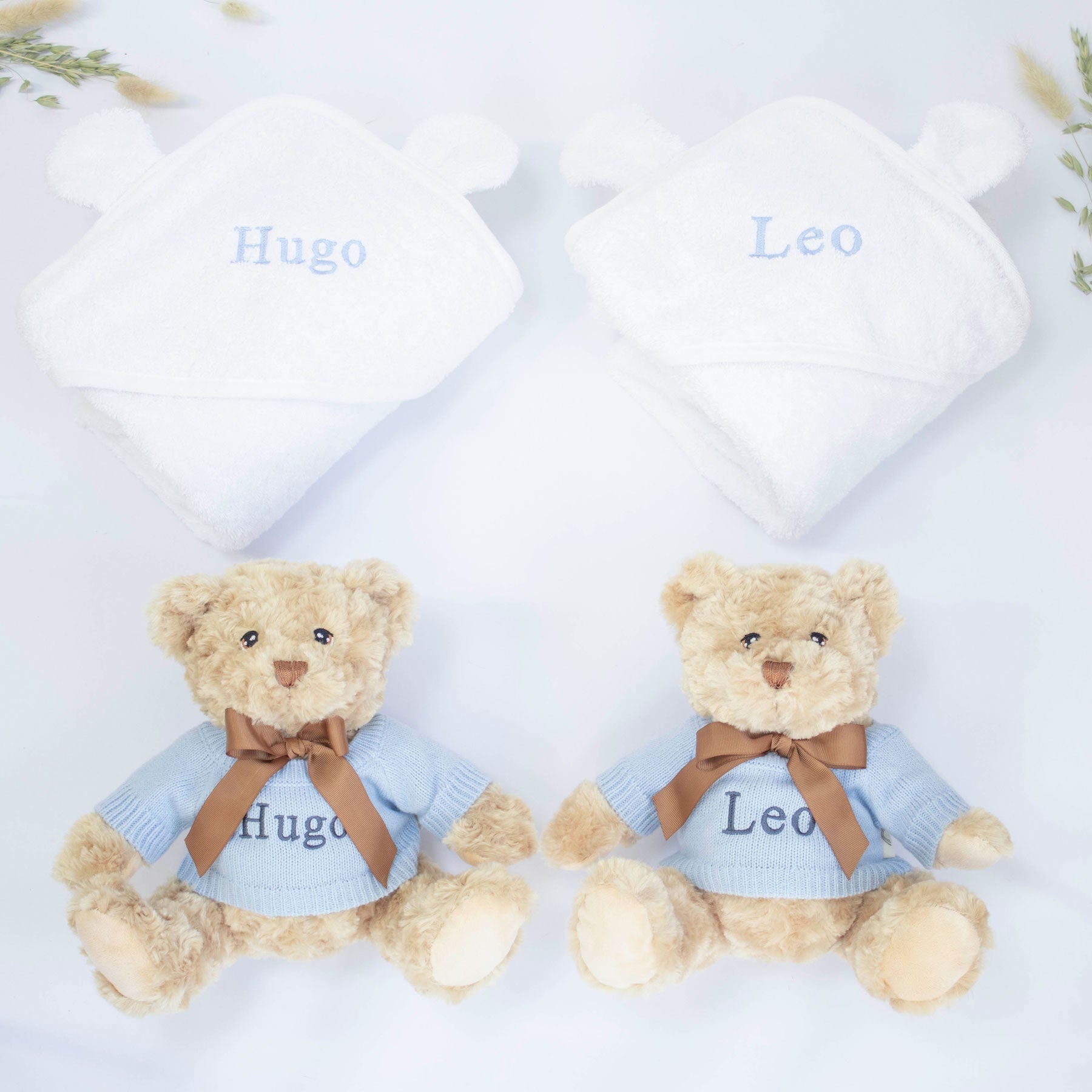 Twin Boys Teddy Bear and Hooded Towel Gift Set