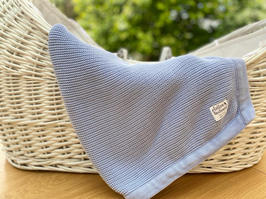 Misty Blue Organic Cotton Knitted Baby Blanket – 100 X 80cm