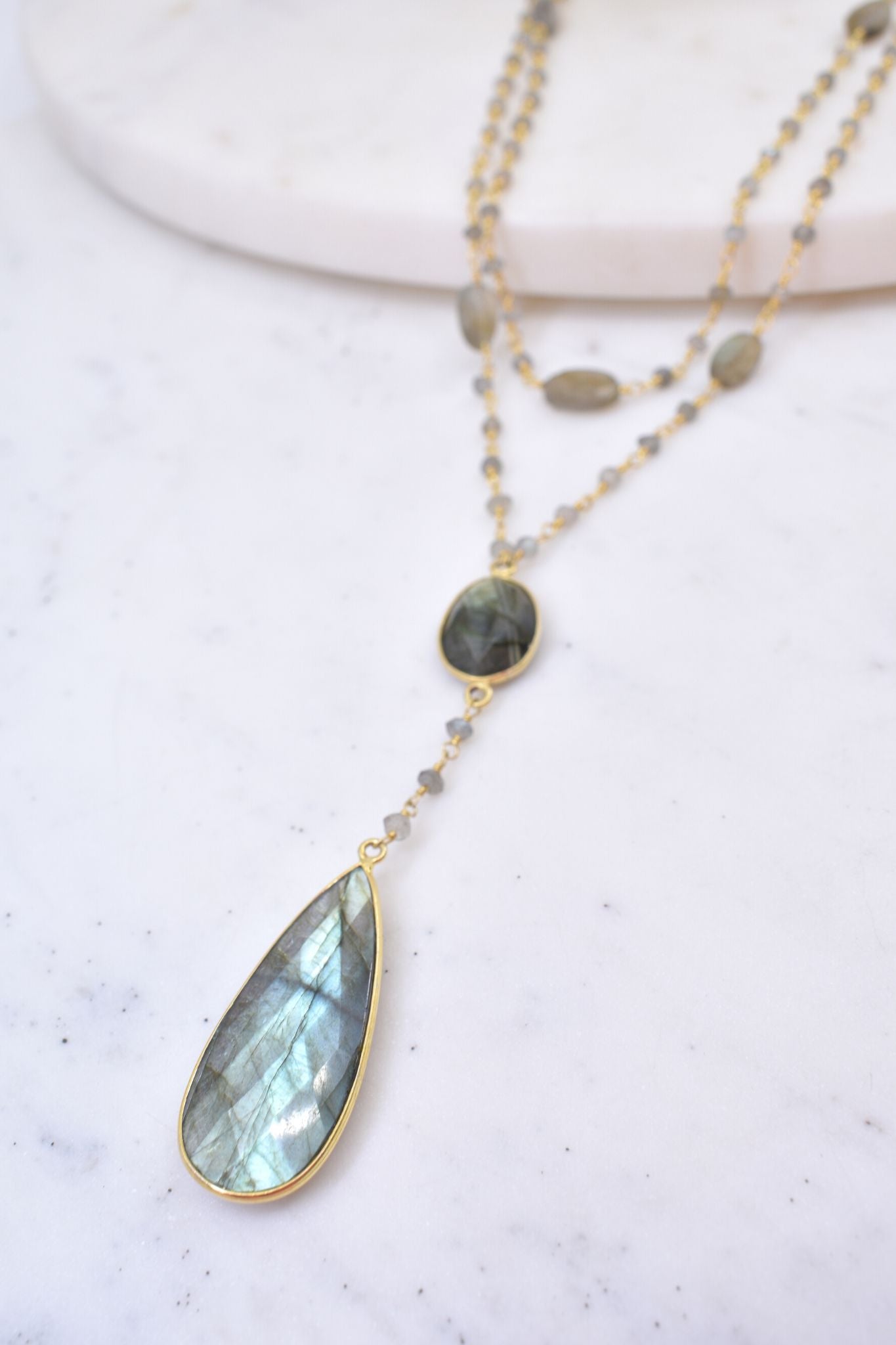 Double Diana Necklace in Labradorite with Drop