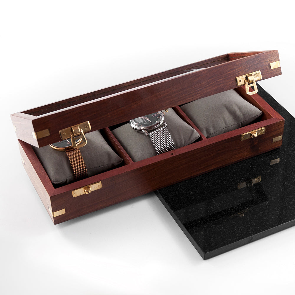 Personalised 3 Piece Wooden Watch Box with Gold Details