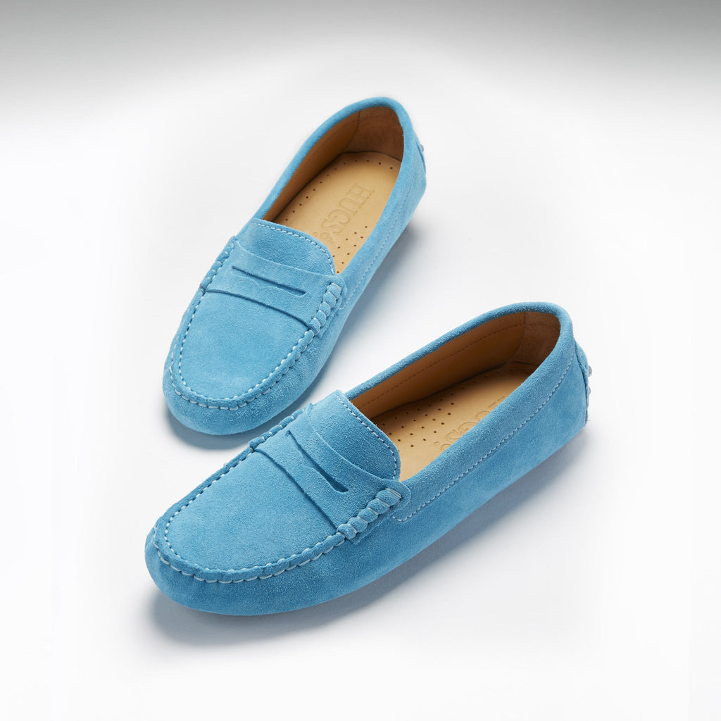 Turquoise Suede Penny Driving Loafers for Women