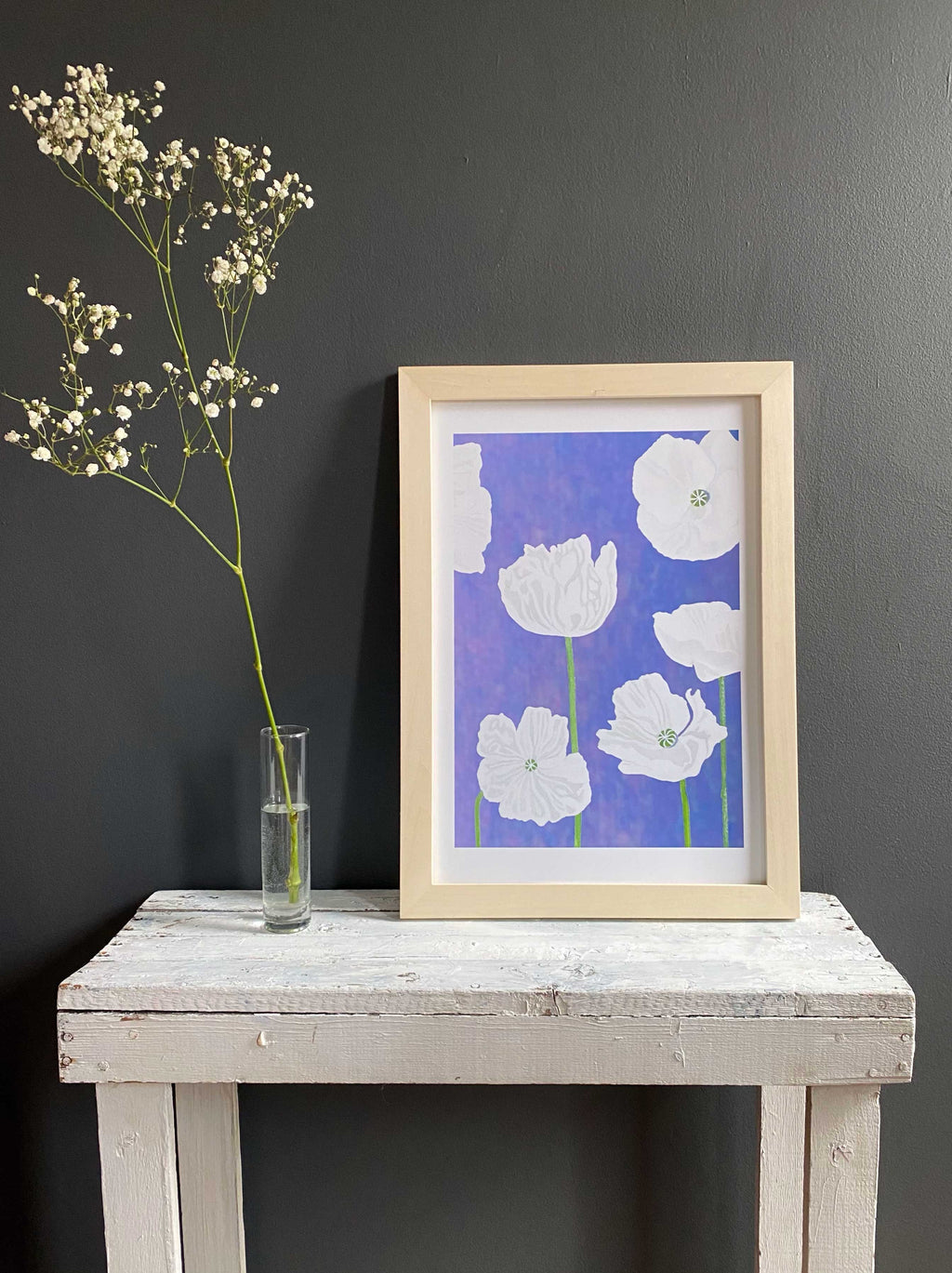 White Poppies on Violet Art Print