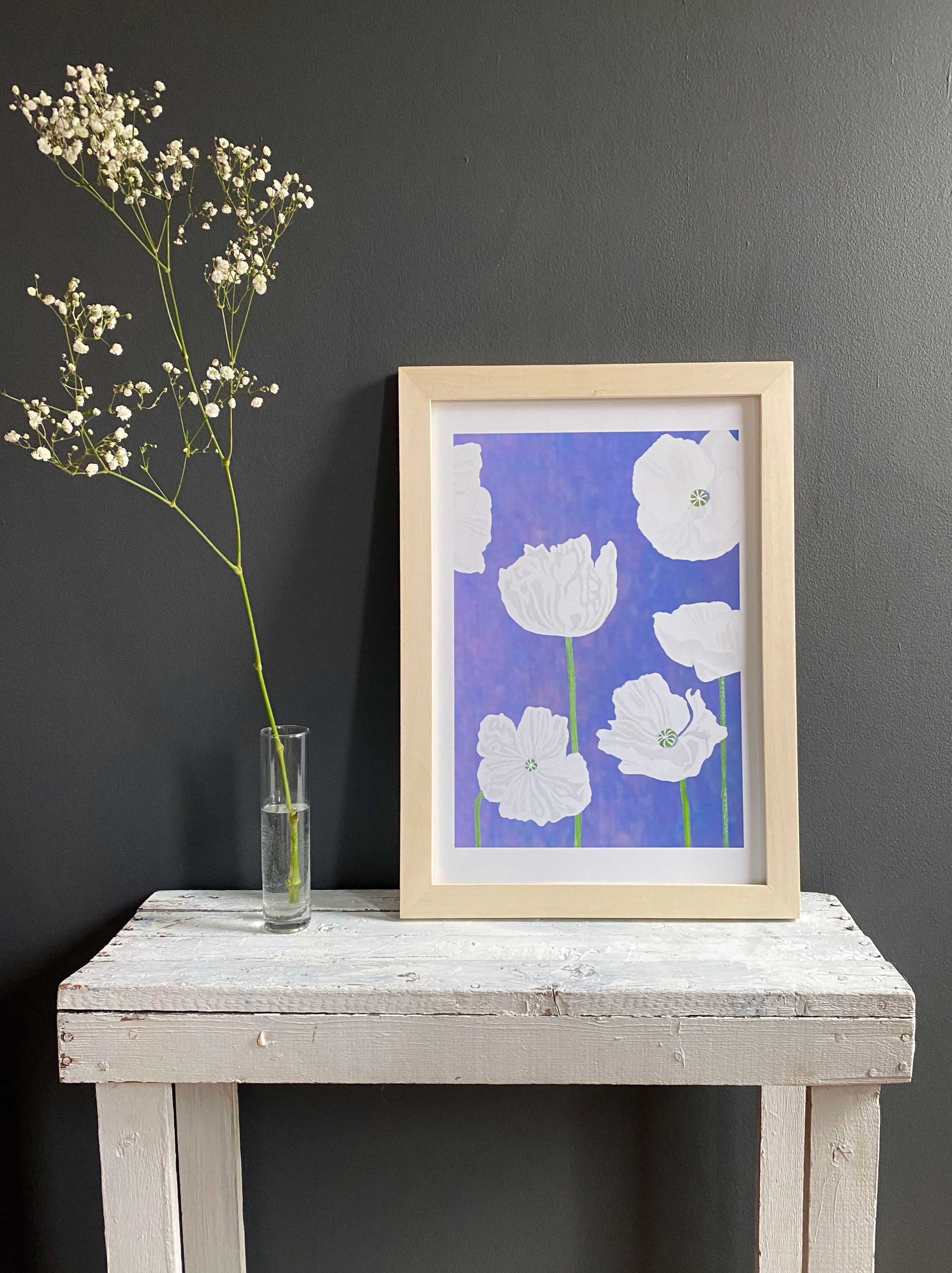 White Poppies on Violet Art Print