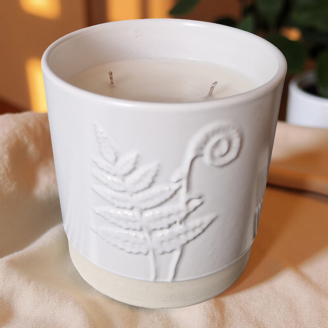 3-Wick Candle in White Ceramic Fern Pot