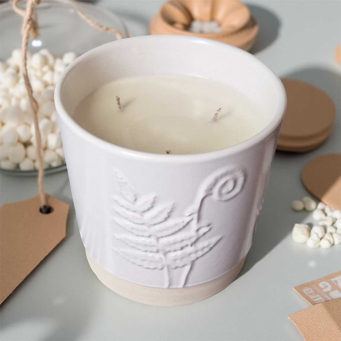 3-Wick Candle in White Ceramic Fern Pot
