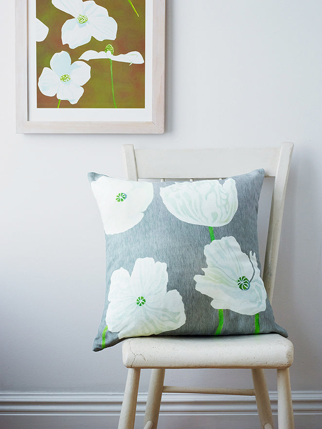 White Poppies on Grey Throw Pillow 18 inch
