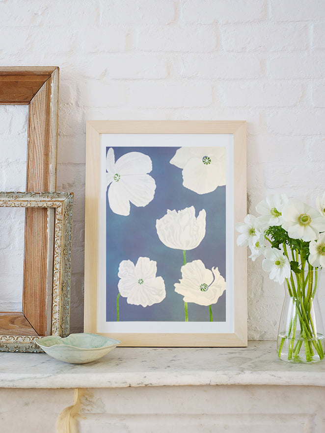 White Poppies on Moody Blue Art Print