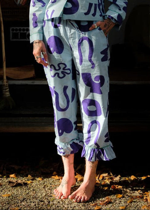 Organic Cotton Pyjama Bottoms in Blue Things Print