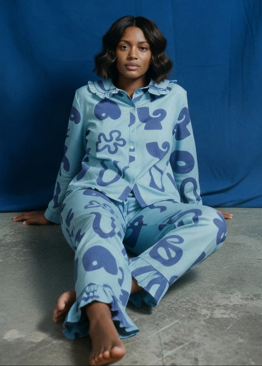 Organic Cotton Pyjama Shirt in Blue with Things Print