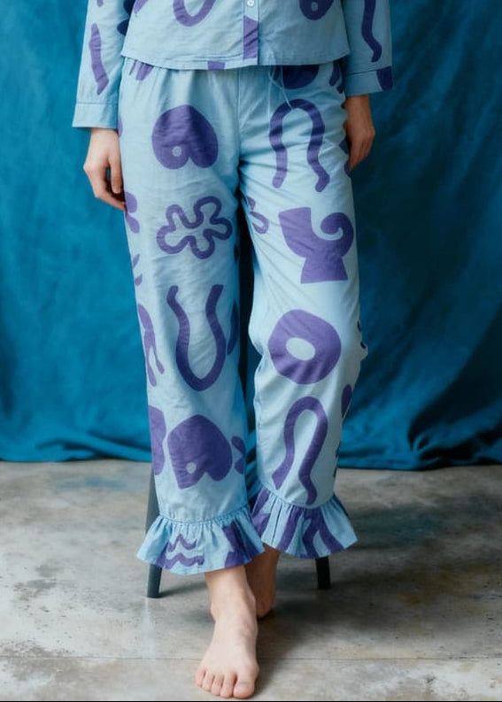 Organic Cotton Pyjama Bottoms in Blue Things Print