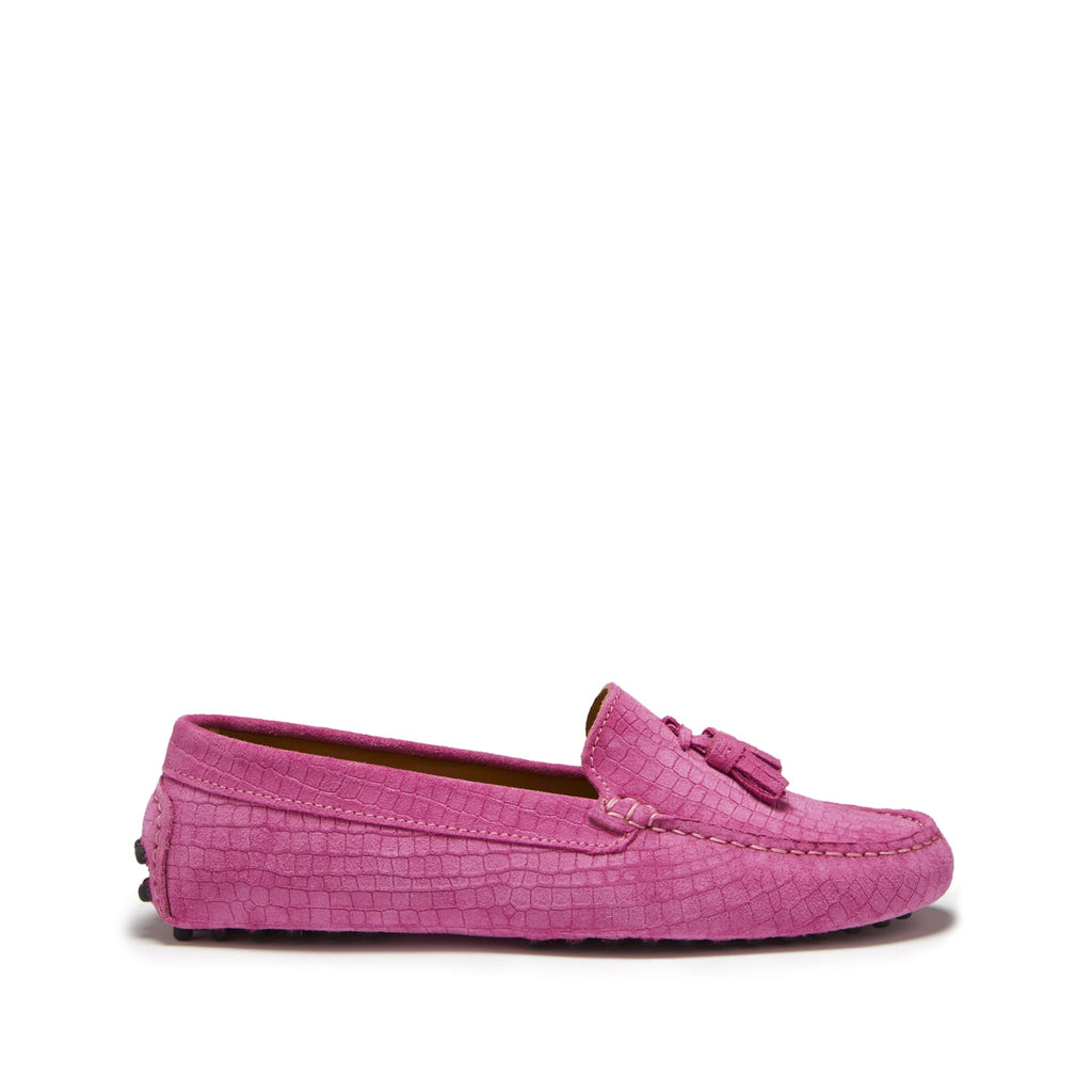 Women's Pink Suede Tasselled Driving Loafers with Gecko Print