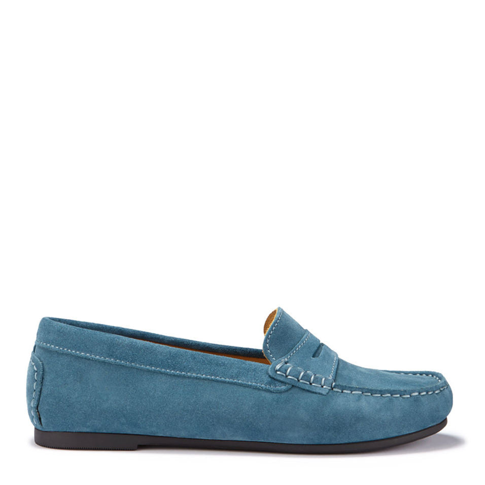 Women's Teal Suede Penny Driving Loafers with Rubber Sole