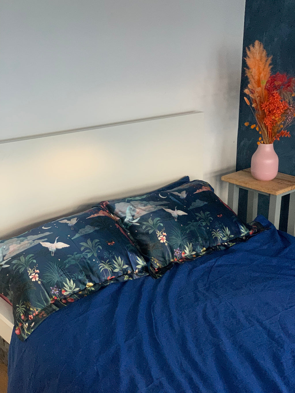 Blue Silk Pillowcase with Hand Painted Wondrous Print Standard Oxford
