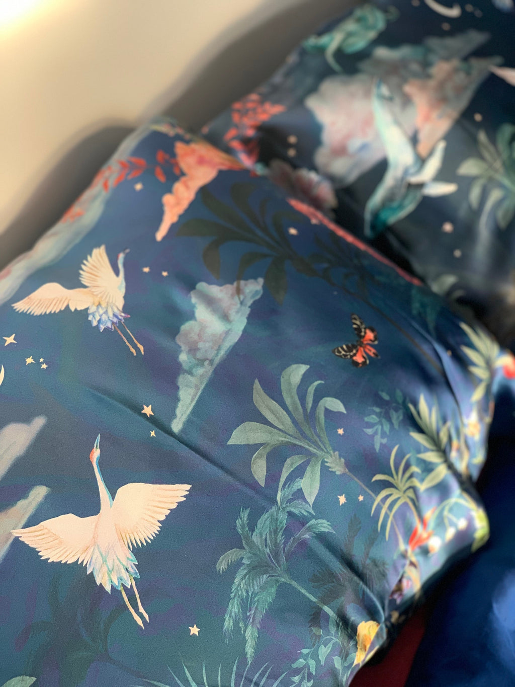 Blue Silk Pillowcase with Hand Painted Wondrous Print Standard Oxford