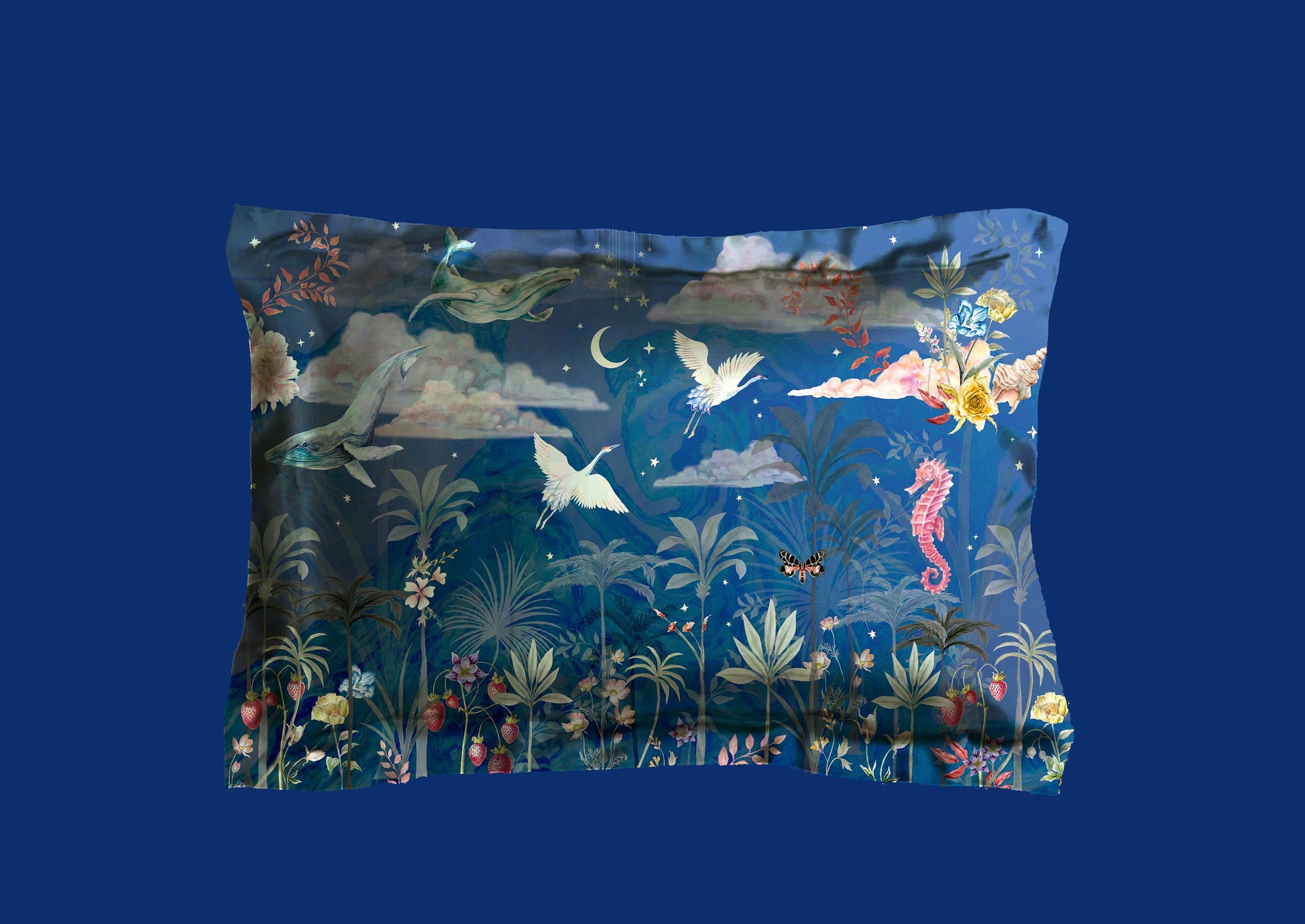 Blue Silk Pillowcase with Hand Painted Wondrous Print Standard Oxford