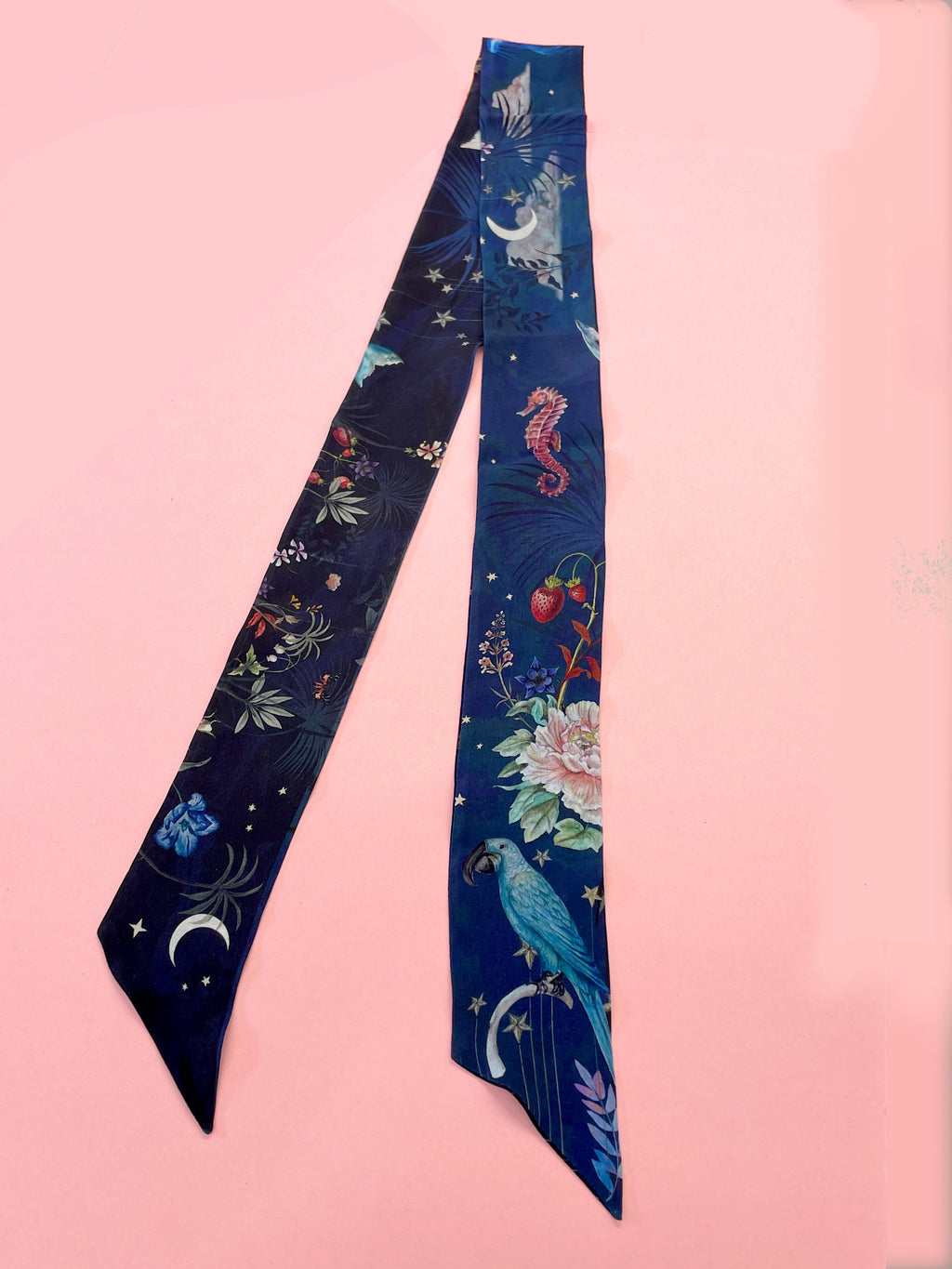 Navy Skinny Silk Scarf in Wondrous Botanical Print