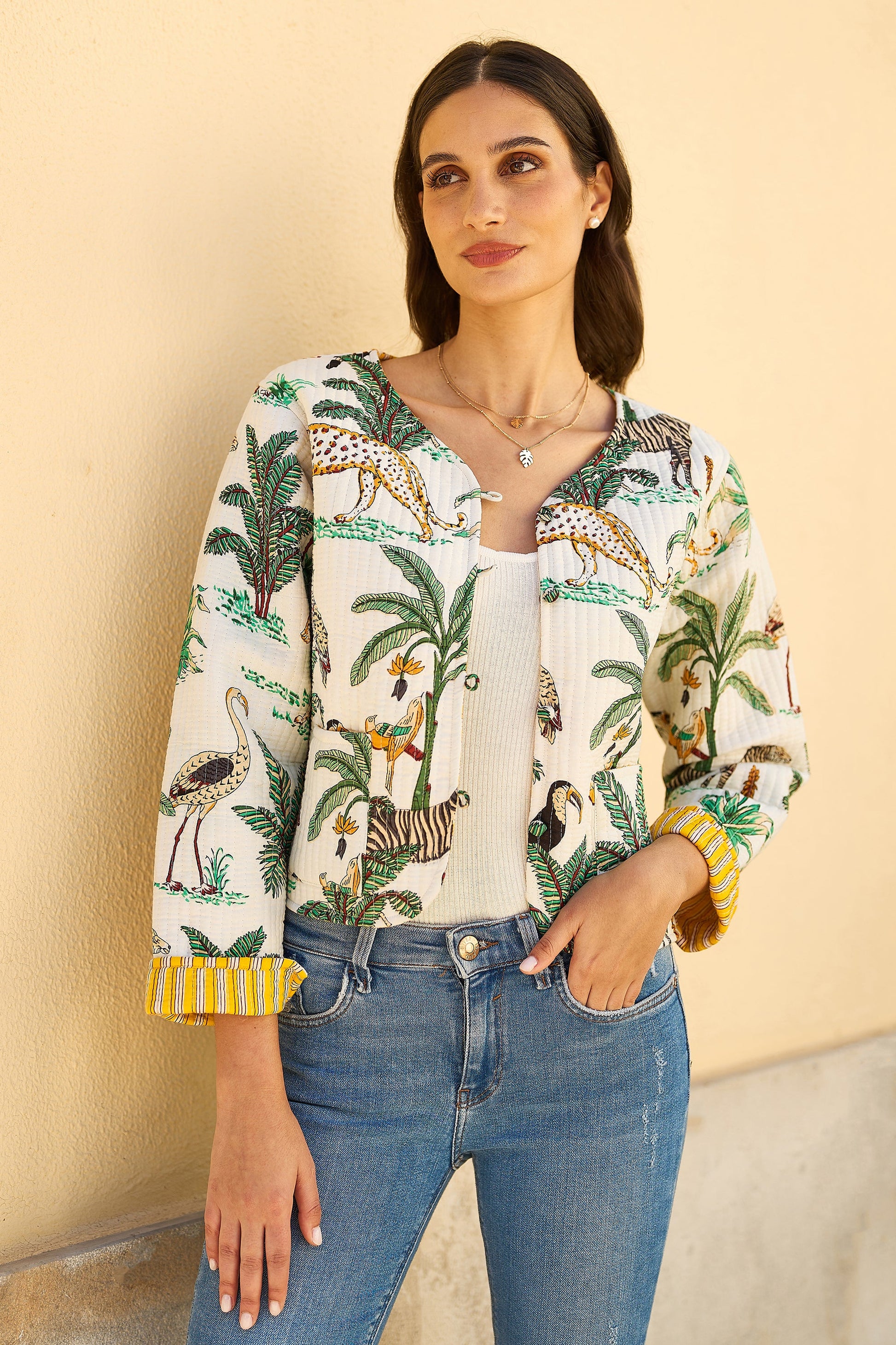 Yumi White Animal Reversible Cotton Quilted Jacket