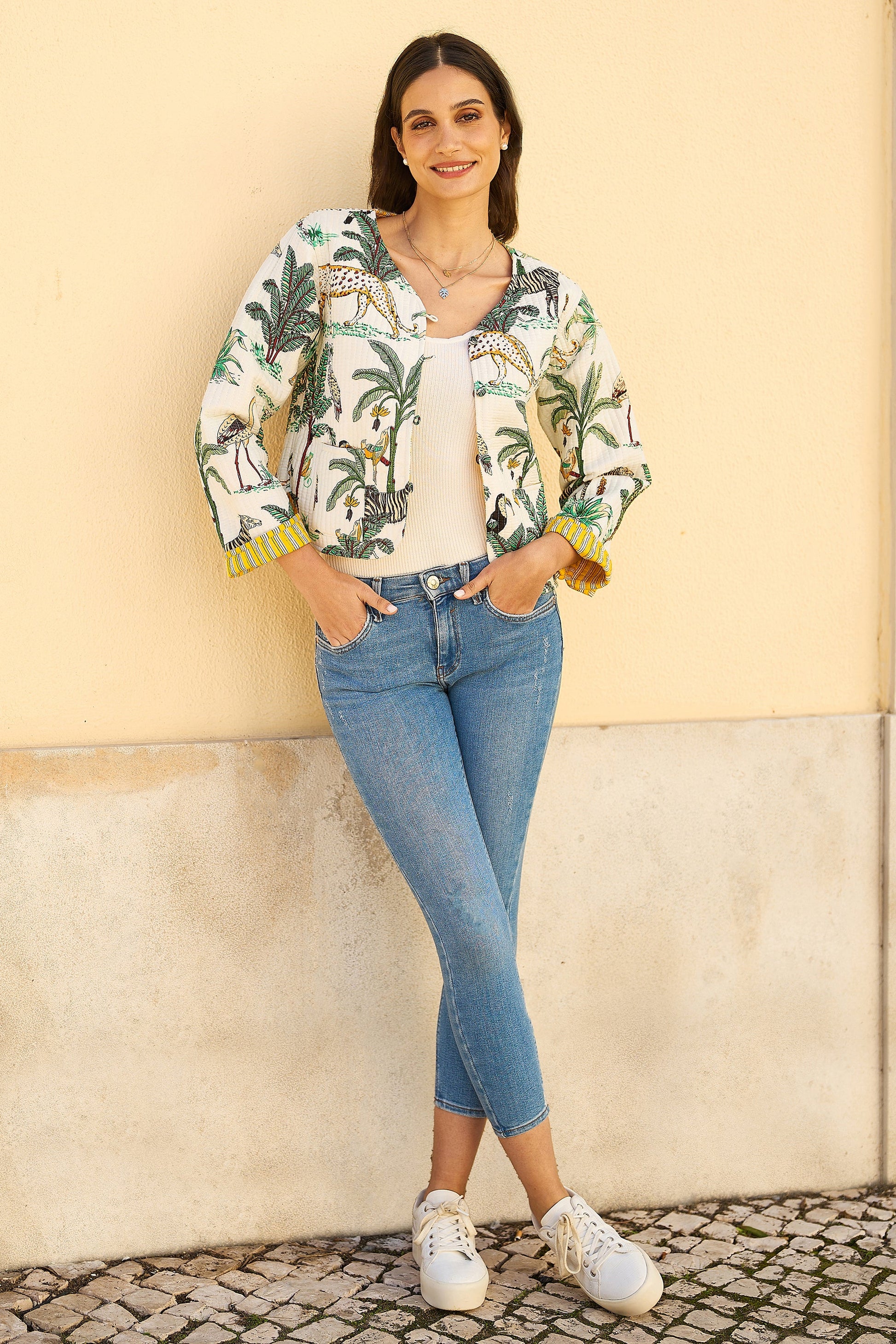 Yumi White Animal Reversible Cotton Quilted Jacket