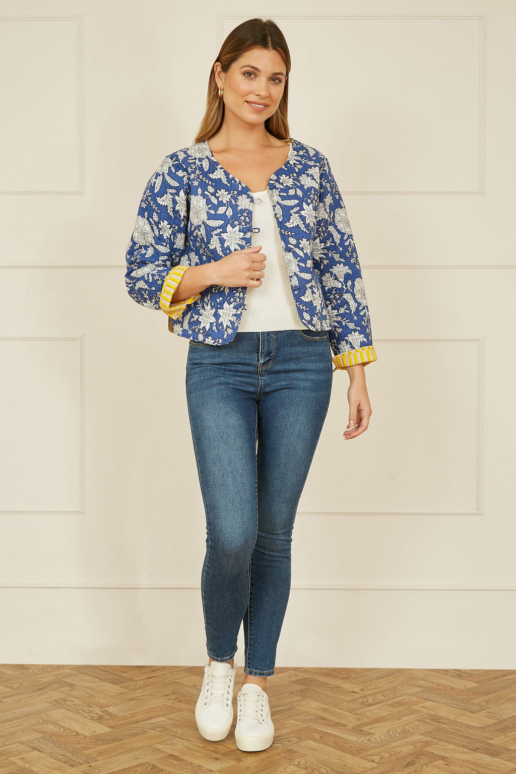 Yumi Blue Floral Reversible Cotton Quilted Jacket