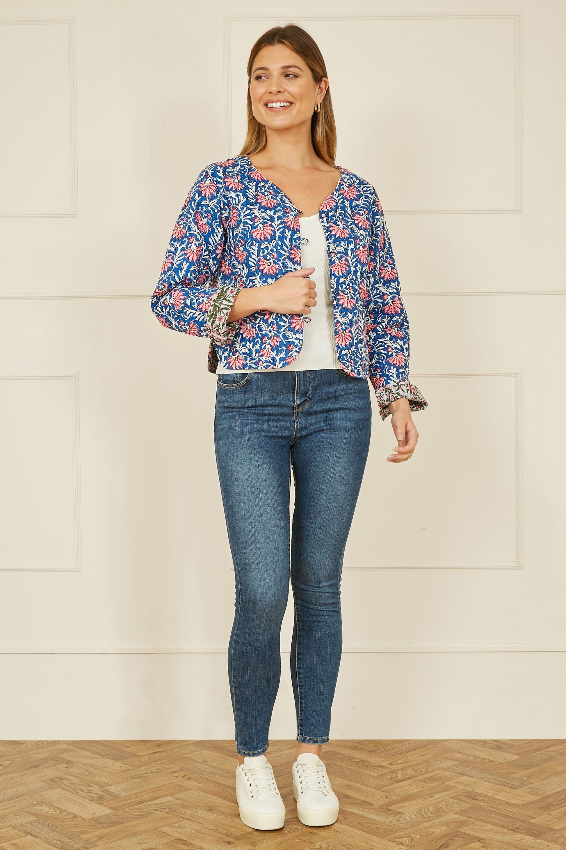 Yumi Blue Floral Reversible Cotton Quilted Jacket