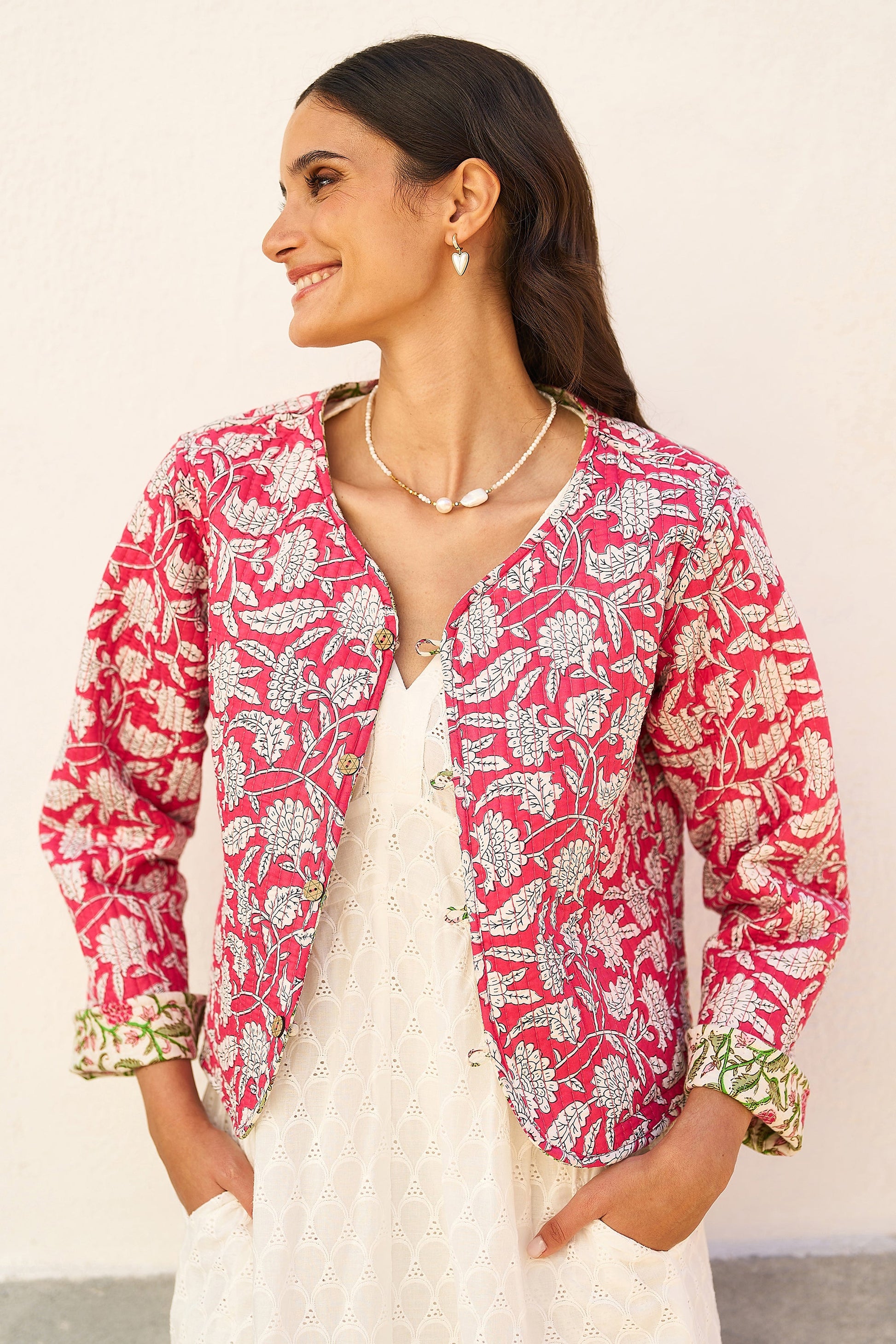 Yumi Pink Floral Reversible Cotton Quilted Jacket