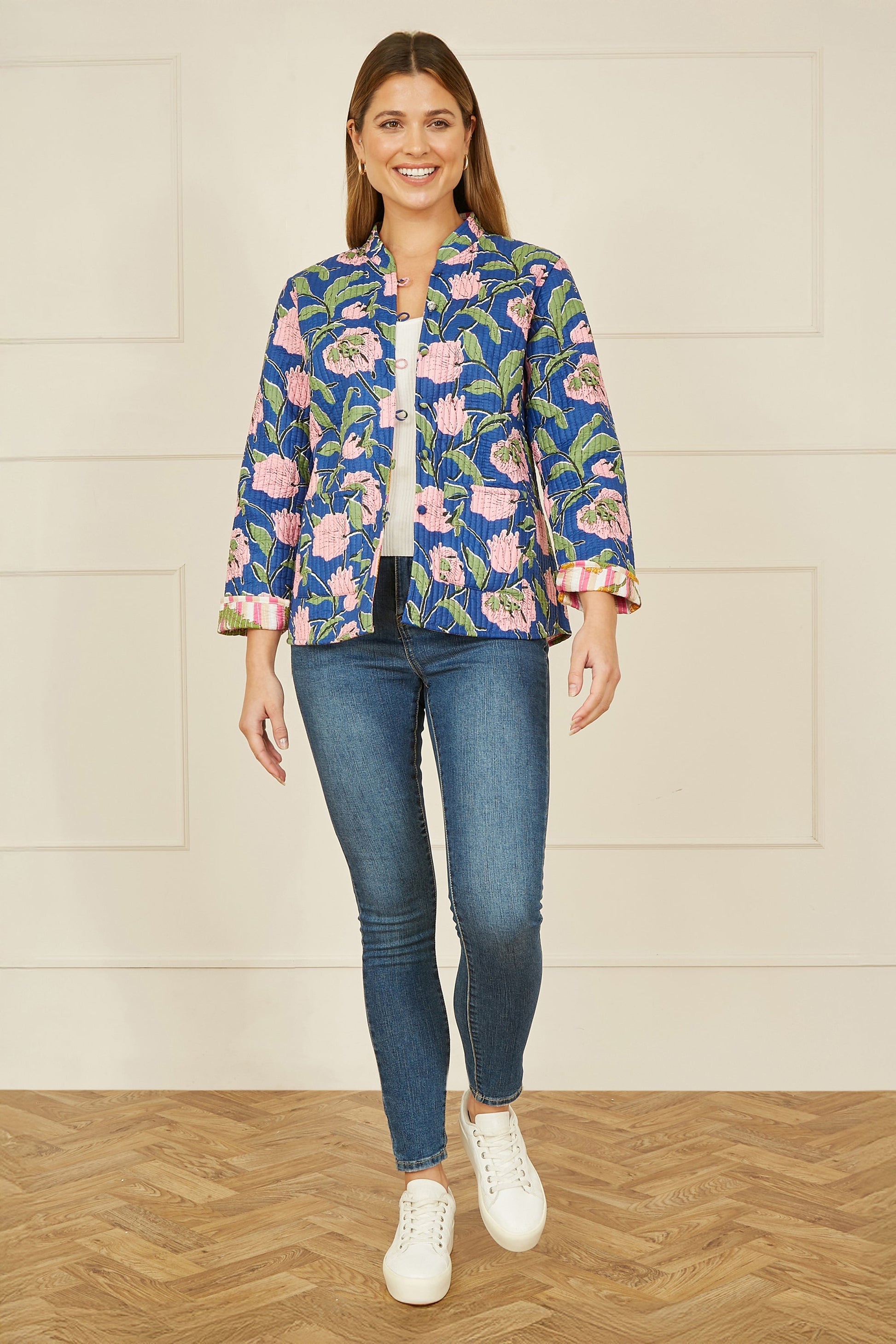 Yumi Pink Floral Reversible Cotton Quilted Jacket