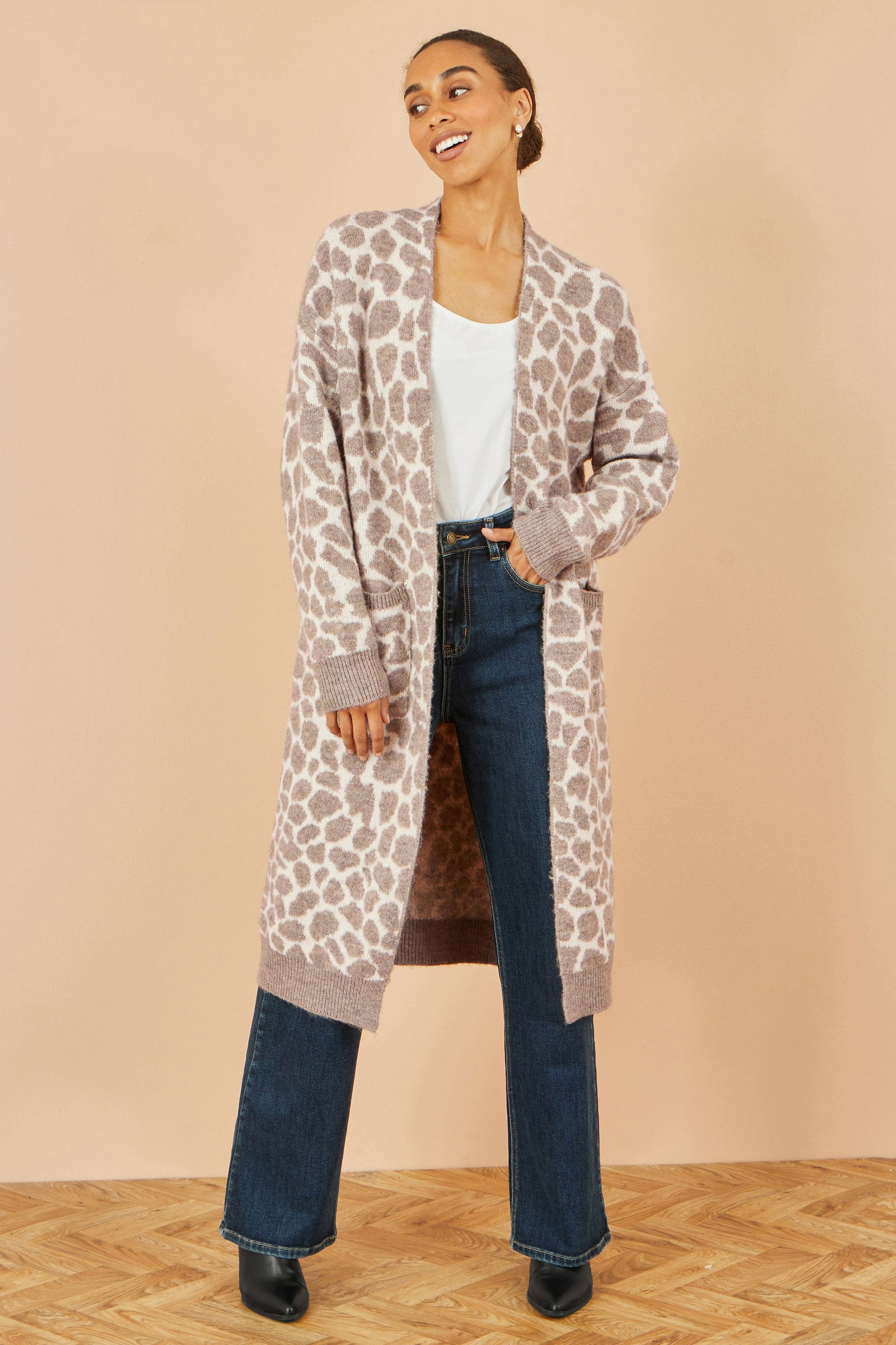 Yumi Beige Animal Print Intarsia Long Cardigan