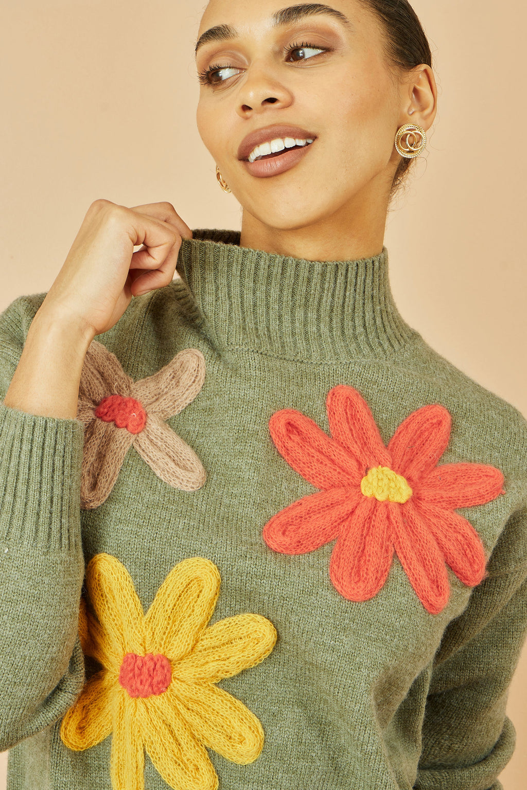 Yumi Green Knitted High Neck Jumper With Applique Flowers