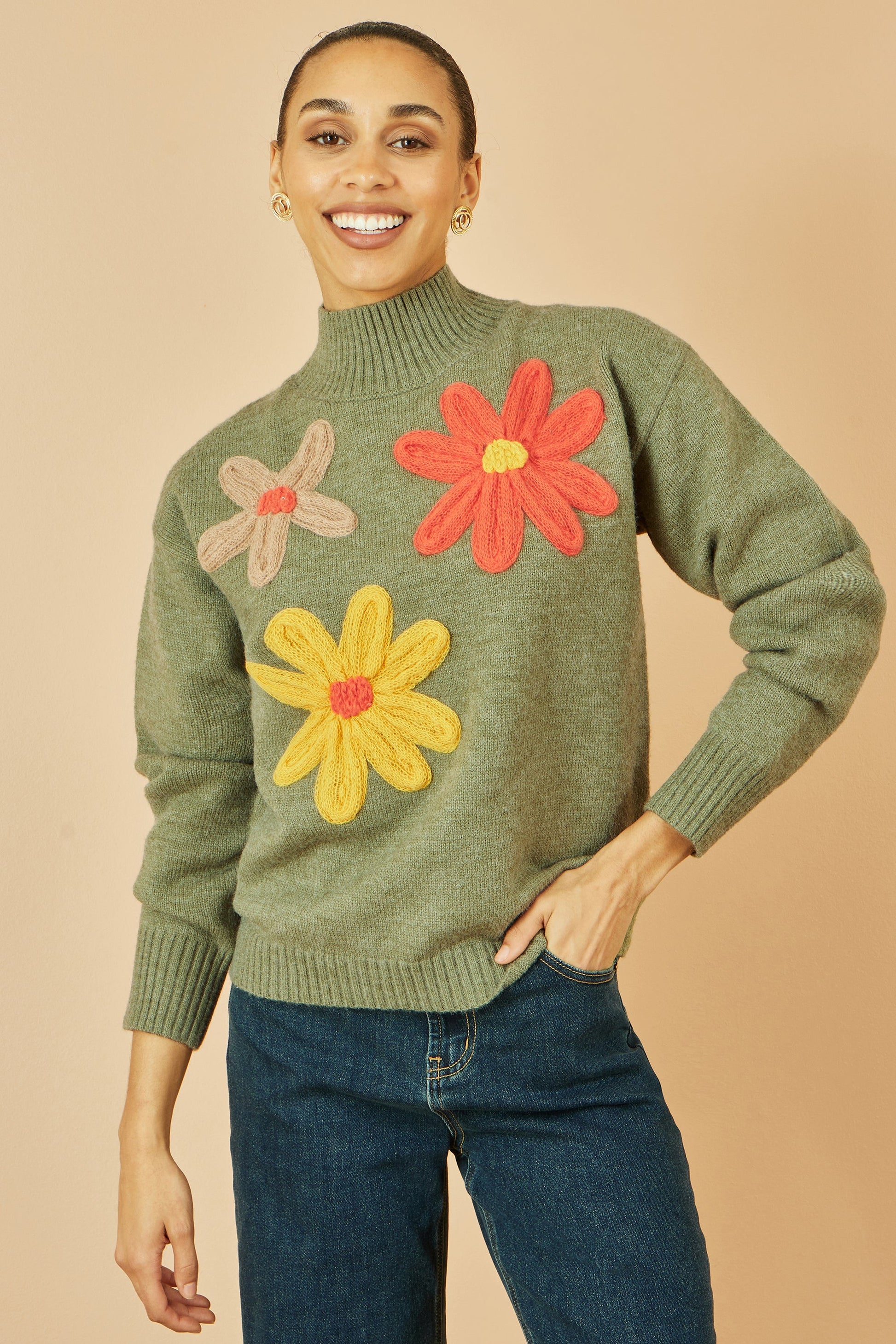Yumi Green Knitted High Neck Jumper With Applique Flowers