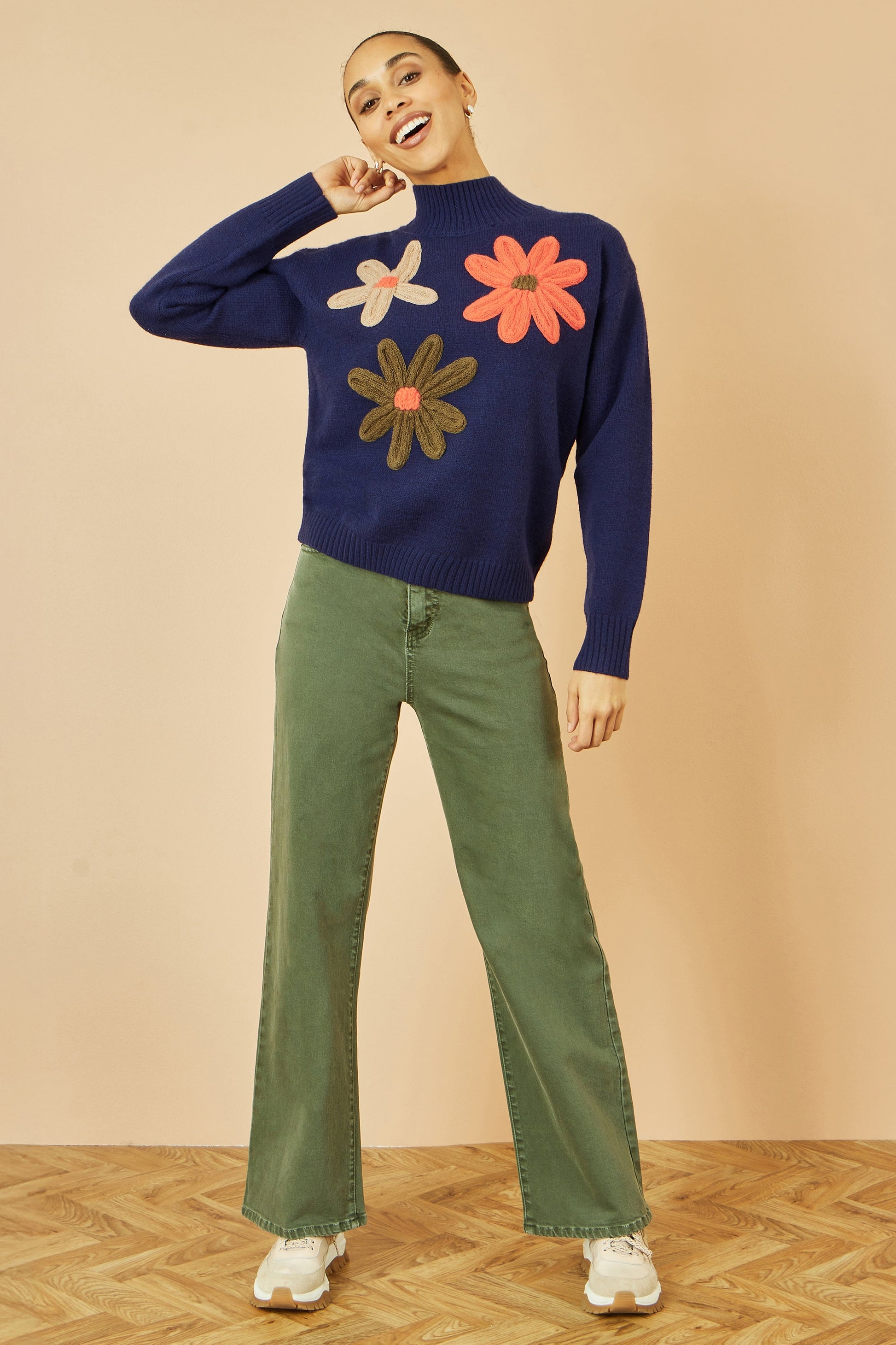 Yumi Navy Knitted High Neck Jumper With Applique Flowers