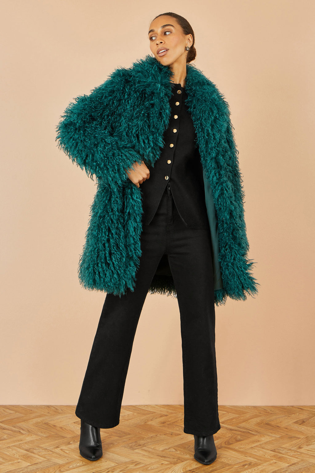 Yumi Teal Luxe Long Hair Fur Coat