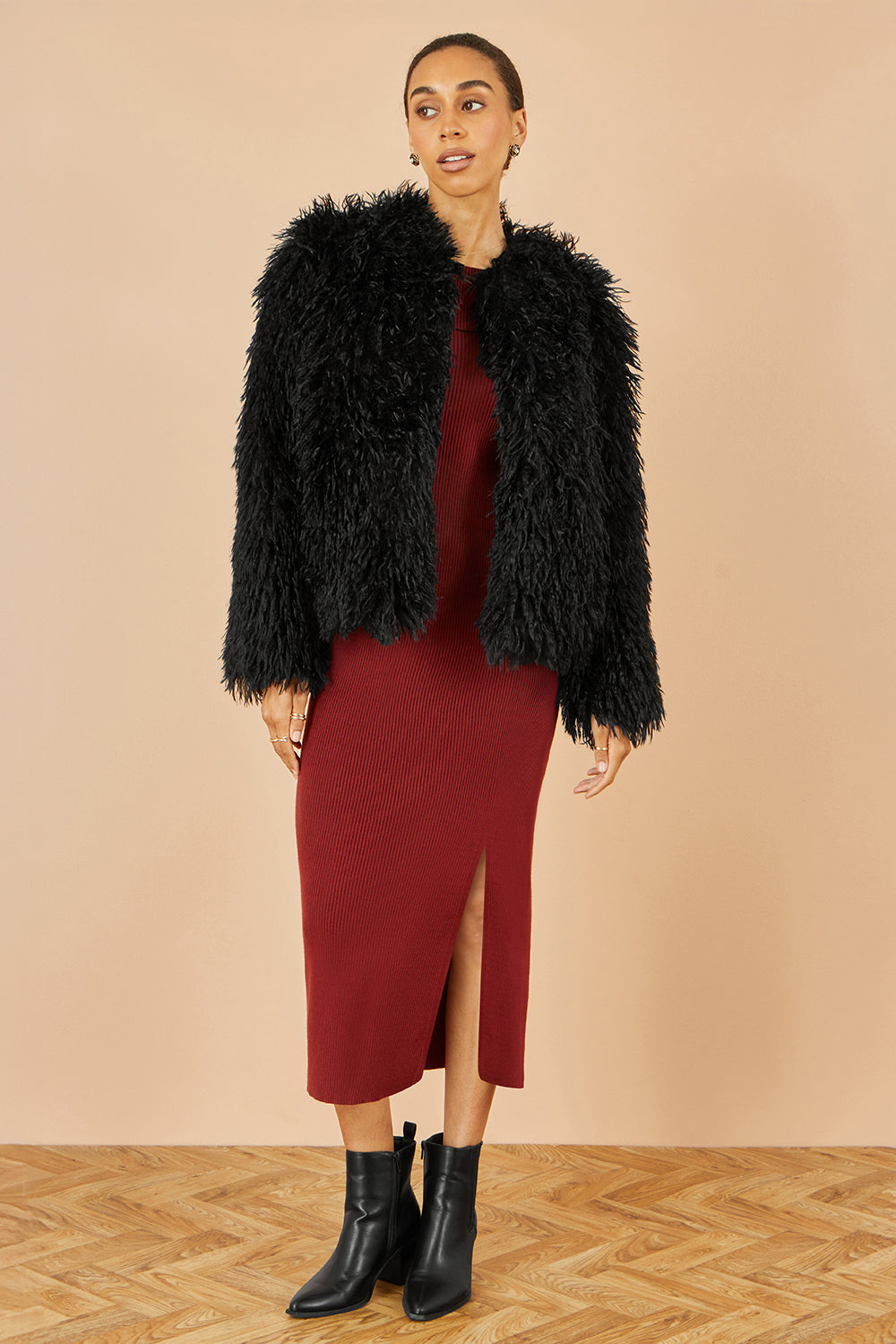 Yumi Black Luxe Fluffy Faux Fur Coat