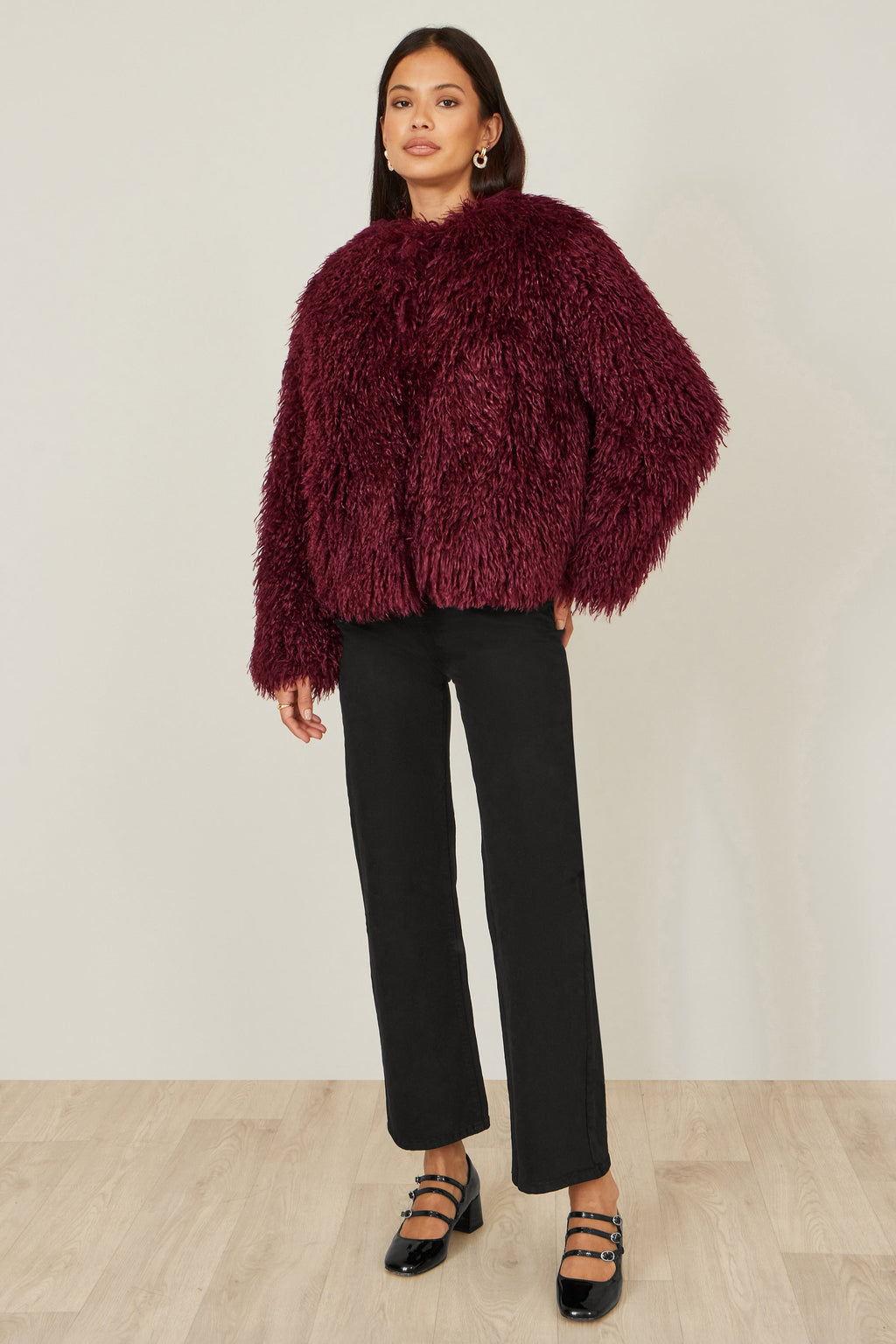Yumi Burgundy Luxe Fluffy Faux Fur Coat