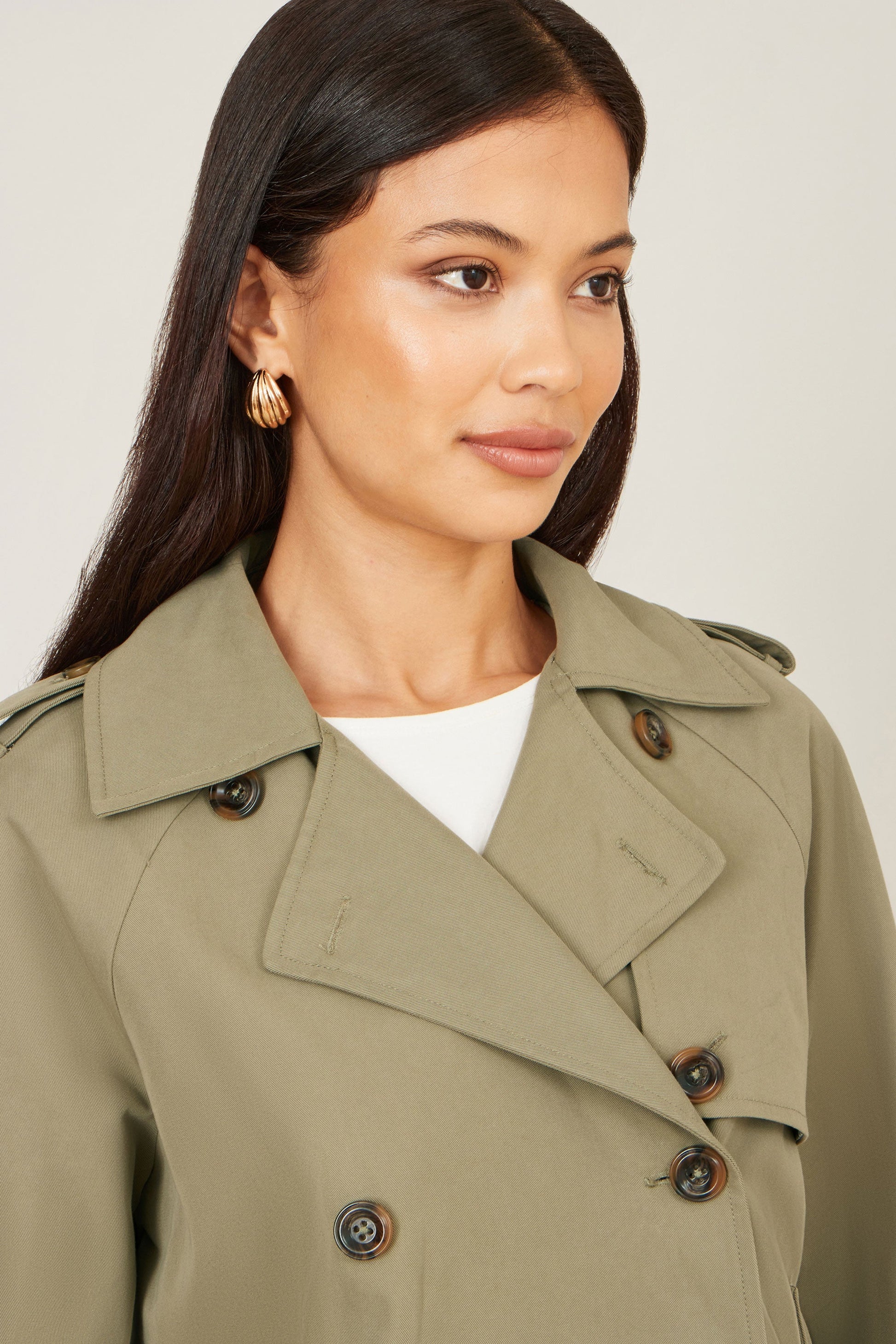 Yumi Green Cropped Trench Jacket With Pockets and Check Lining