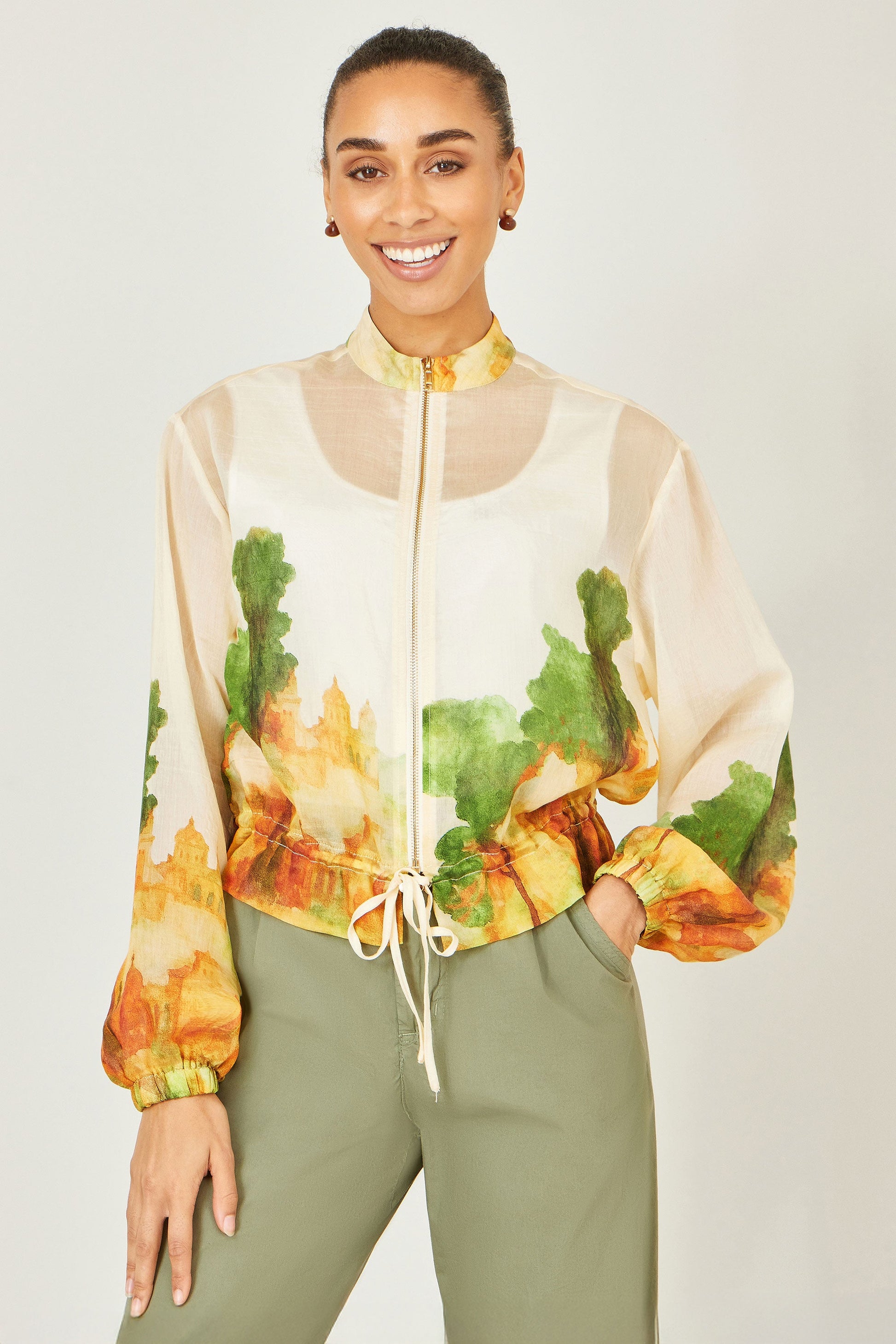 Yumi Beige Printed Lightweight Modal Bomber Jacket