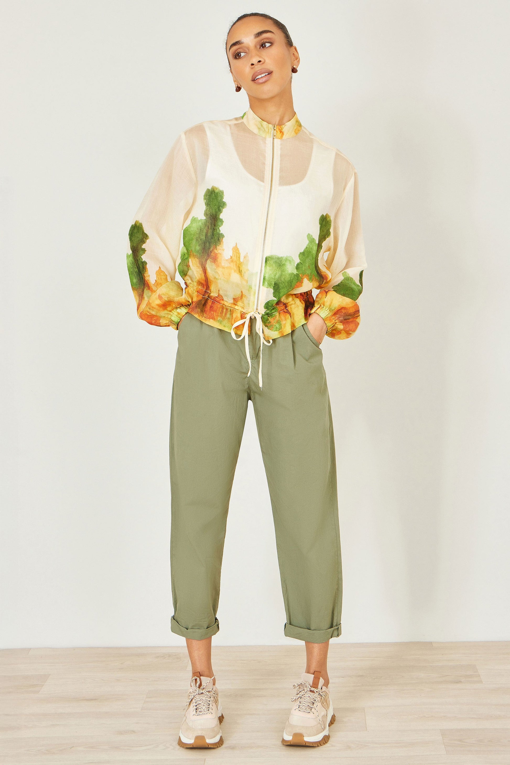 Yumi Beige Printed Lightweight Modal Bomber Jacket