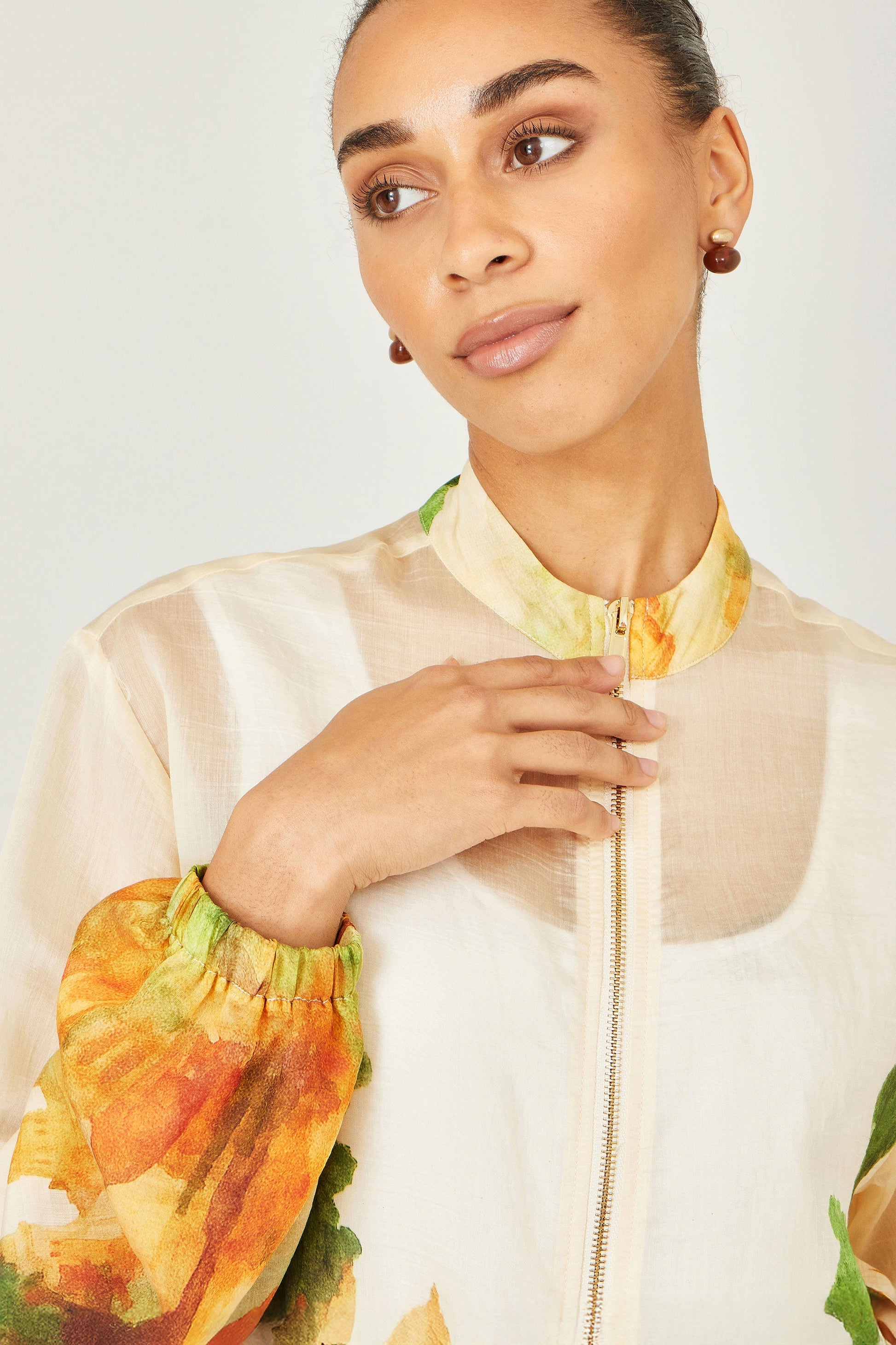 Yumi Beige Printed Lightweight Modal Bomber Jacket