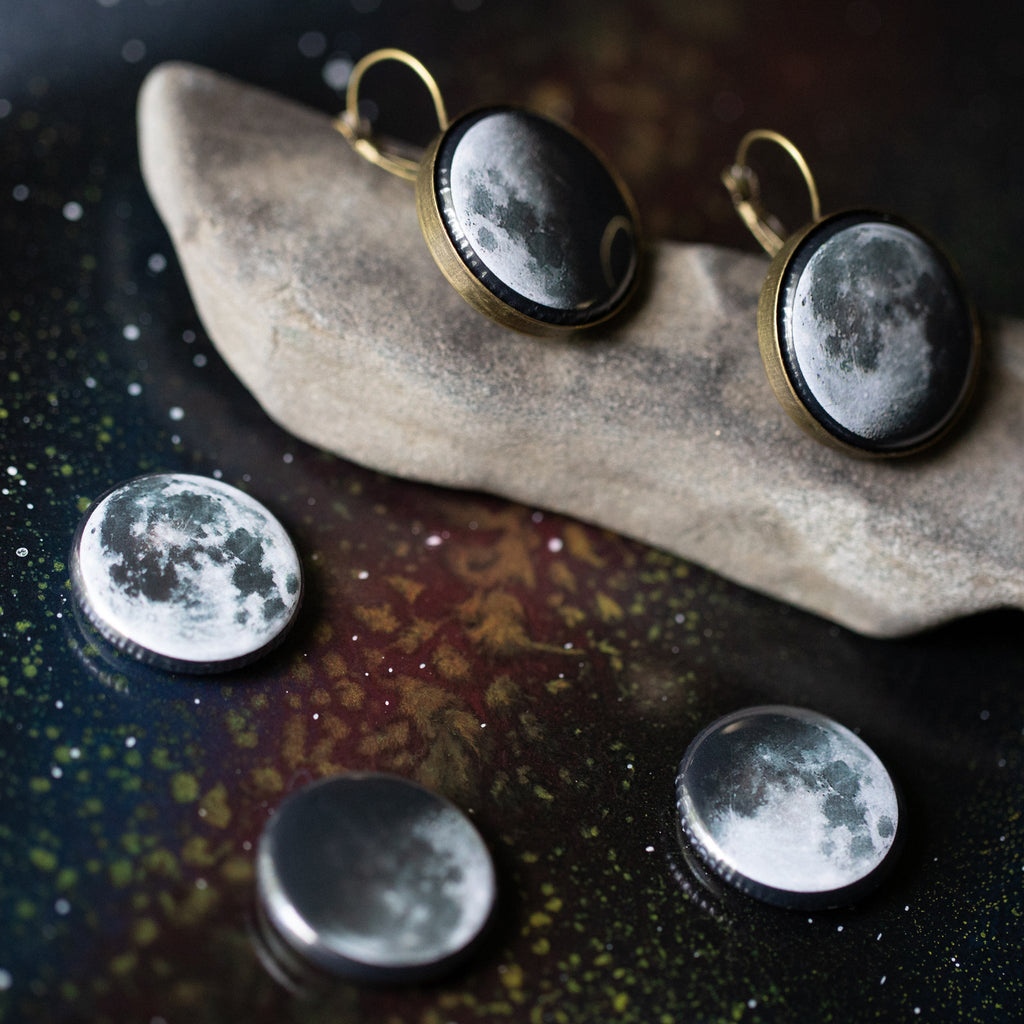 Interchangeable Moon Phase Earrings in Silver or Bronze