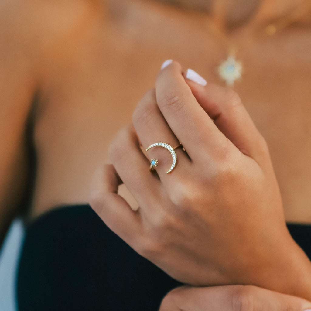 Zira Star and Moon Birthstone Ring | 18K Gold Plated